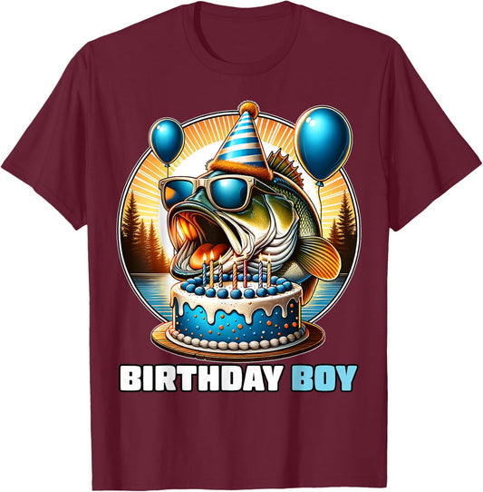 Funny Birthday Boy Fishing Birthday Shirt Bday Party Kids T-Shirt - T-Shirt | Maroon