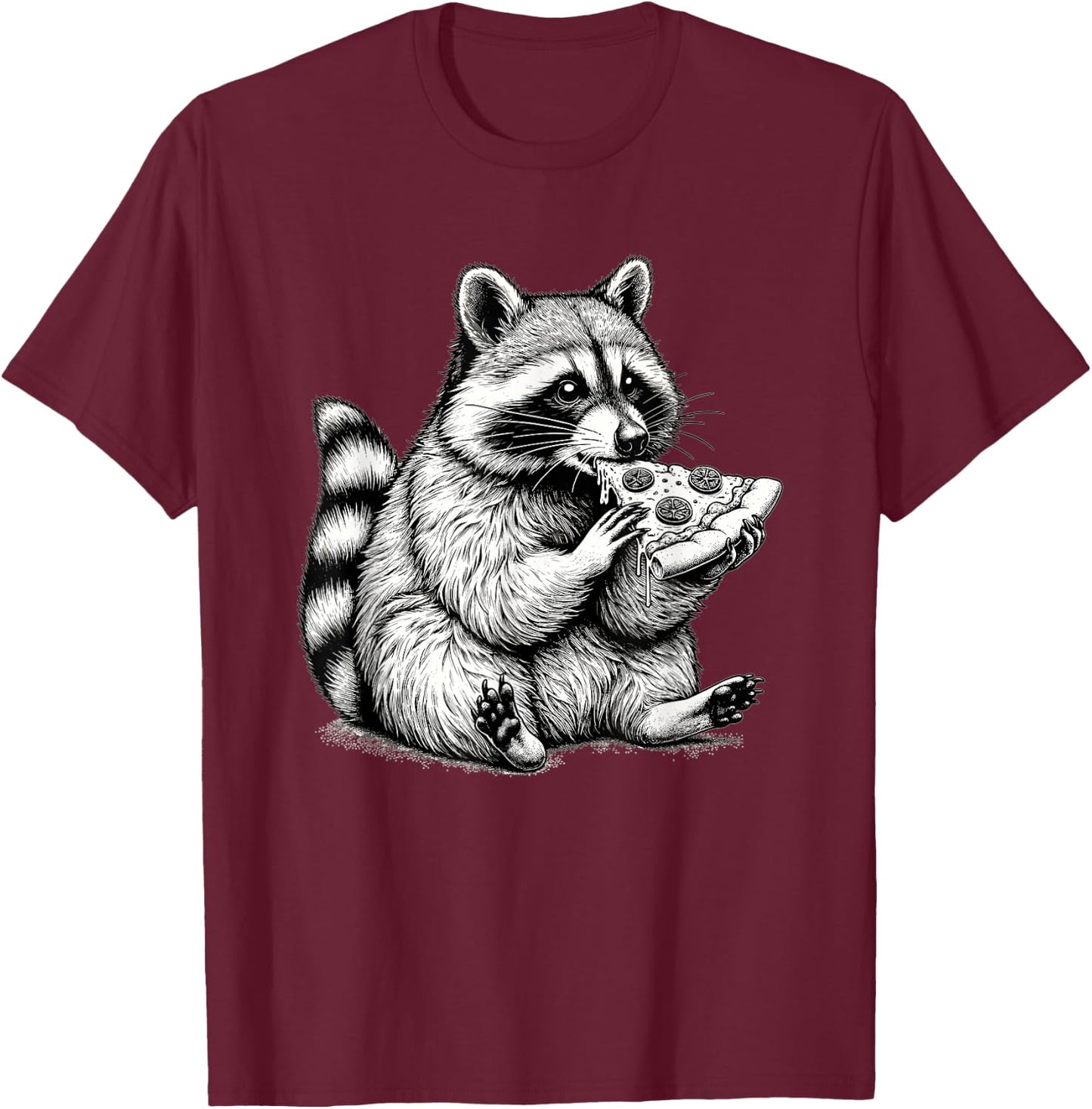Raccoon Eating Pizza Slice Hand Drawn Art Cute Raccoon T-Shirt - T-Shirt | Maroon