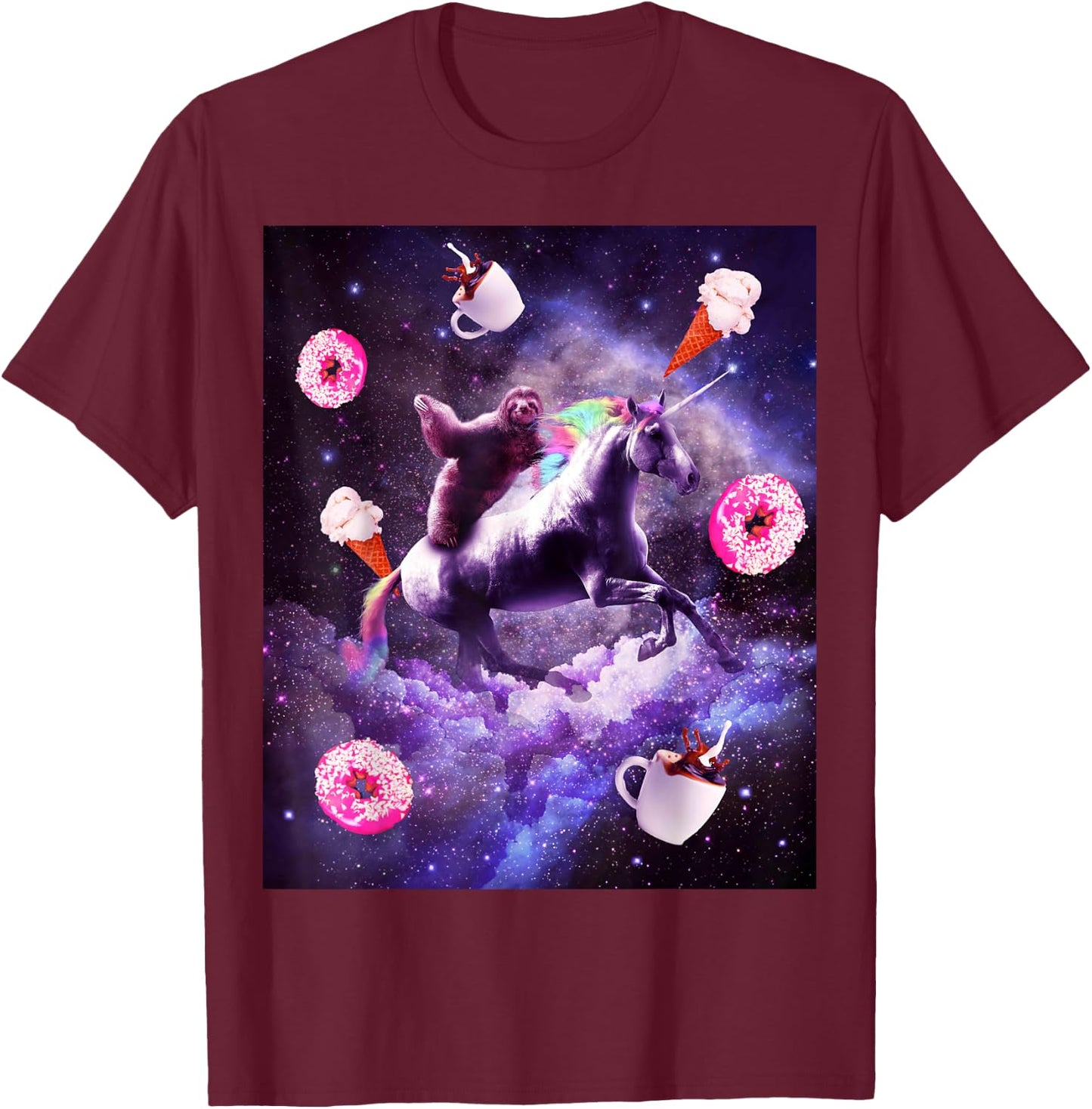 Outer Space Sloth Riding Unicorn - Donut T-Shirt - T-Shirt | Maroon