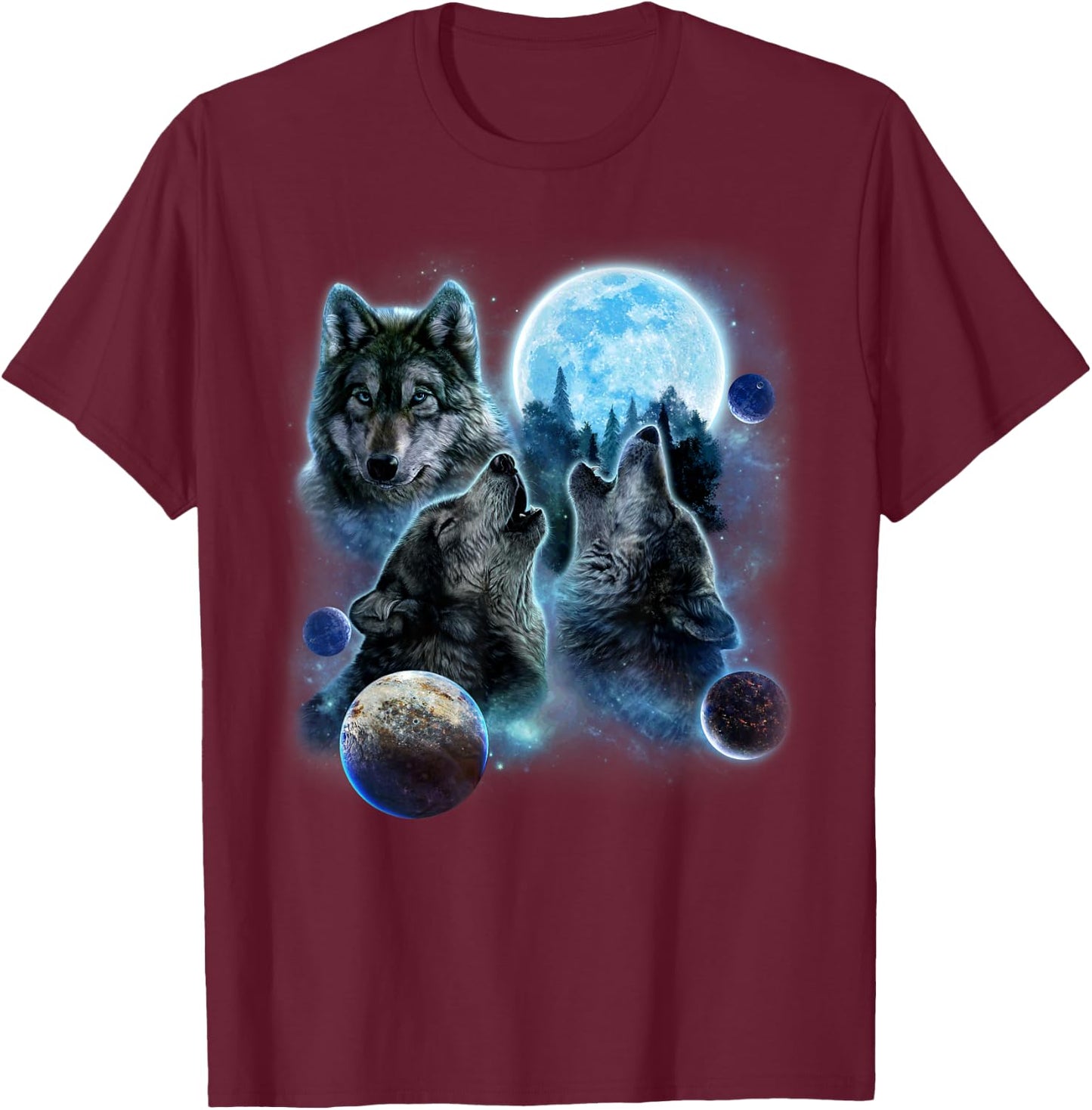 Three Wolf Howling and Moon T-Shirt - T-Shirt | Maroon