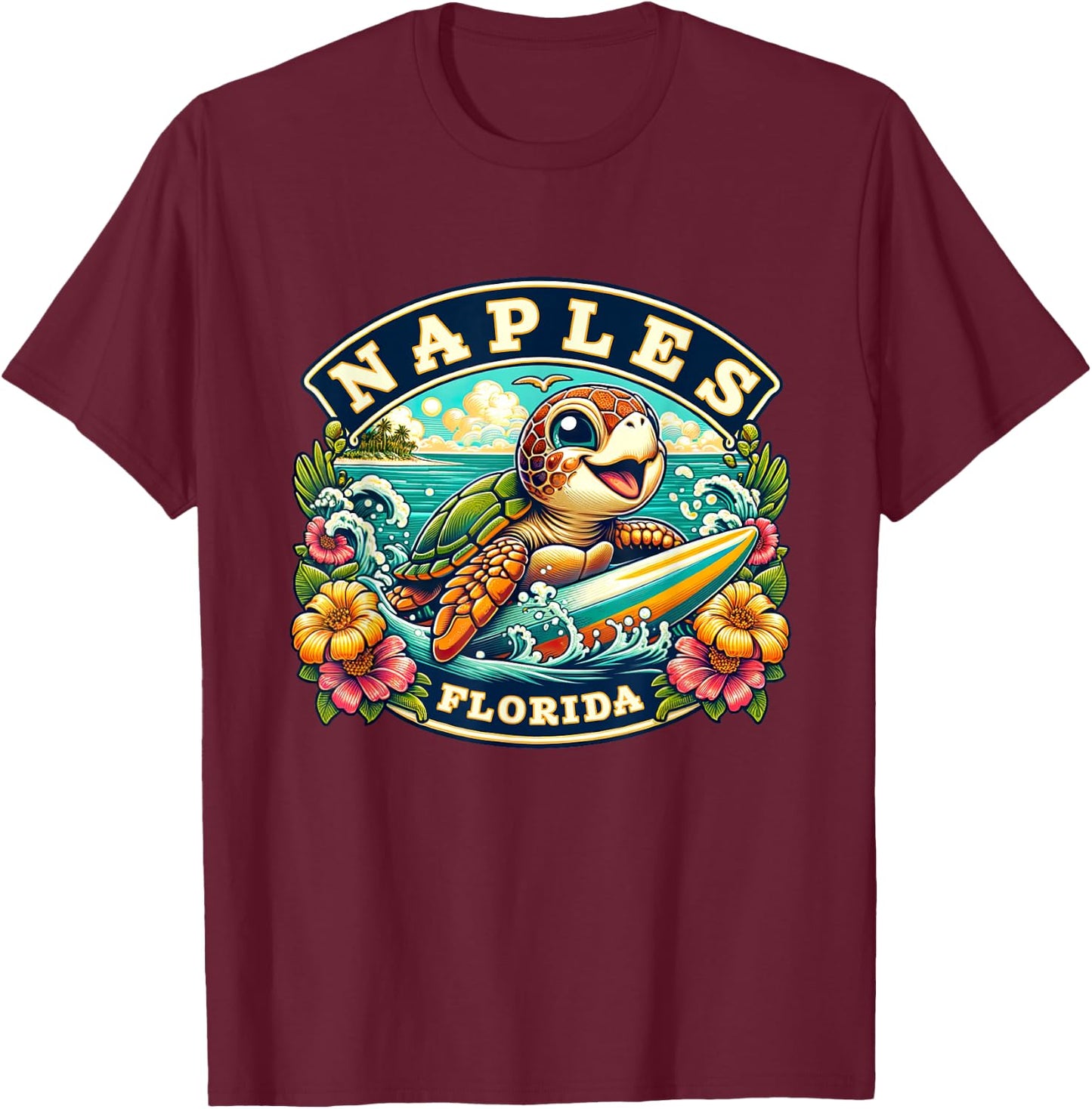 Naples Florida Cute Sea Turtle Surfing T-Shirt - T-Shirt | Maroon