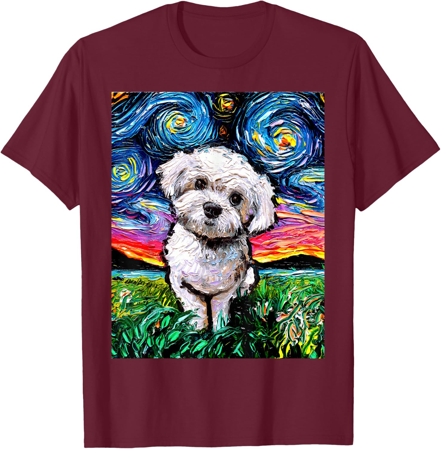Maltipoo Starry Night White Maltese Poodle Dog Lover Artwork T-Shirt - T-Shirt | Maroon
