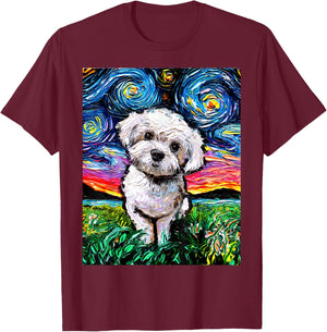 Maltipoo Starry Night White Maltese Poodle Dog Lover Artwork T-Shirt - T-Shirt | Maroon
