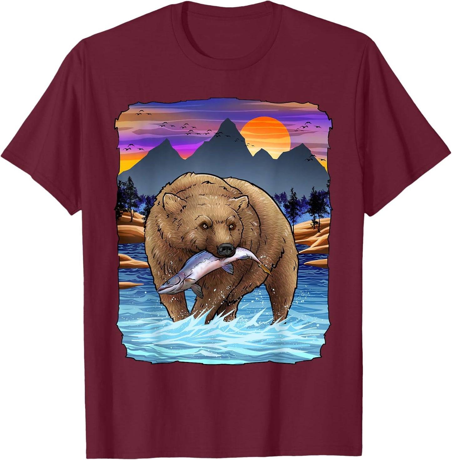 Grizzly Bear Catching Salmon Alaska Fishing Nature Lover T-Shirt - T-Shirt | Maroon
