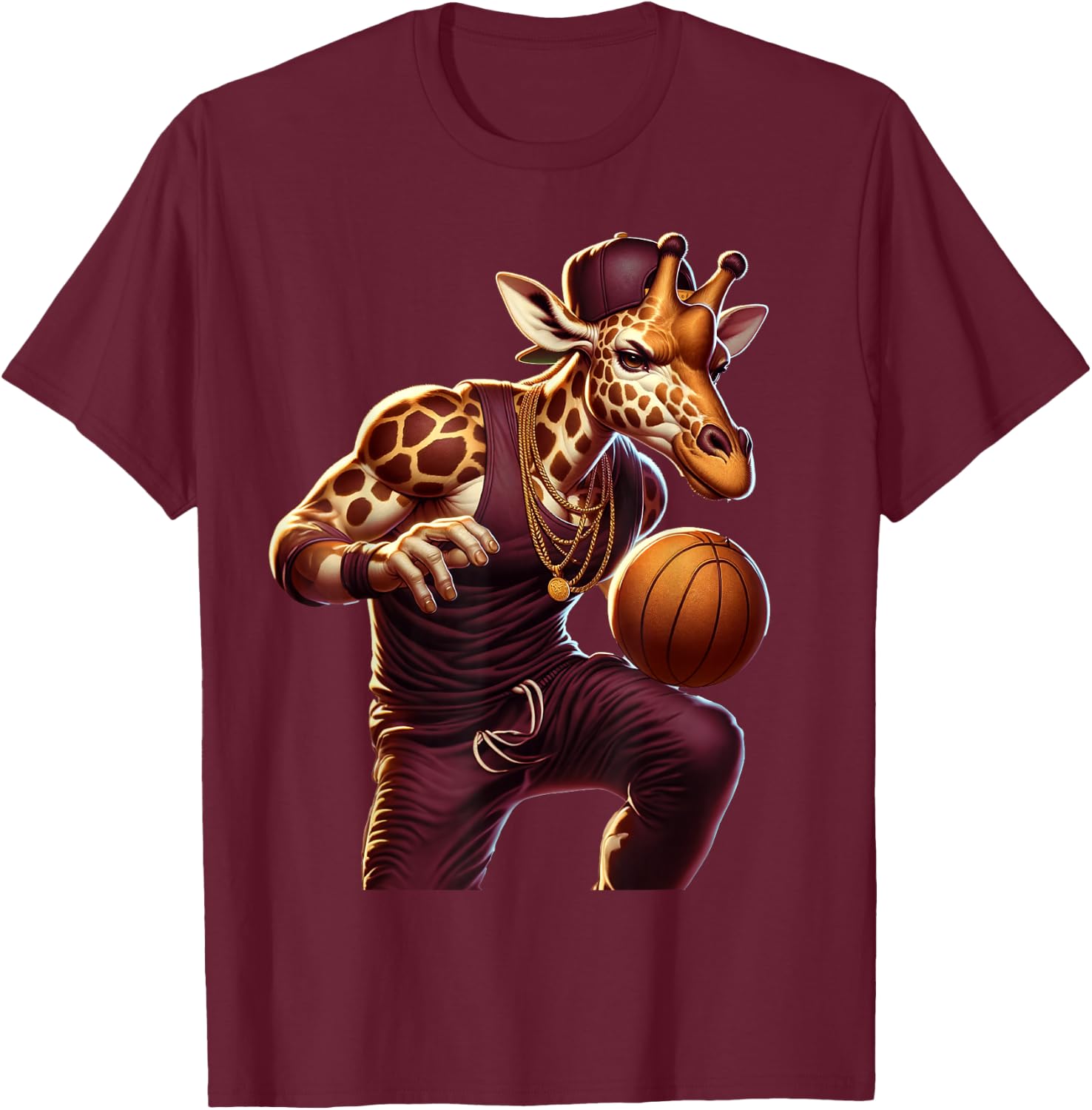 Basketball Playing Giraffe Graphic Hoops Animal Humor T-Shirt - T-Shirt | Maroon