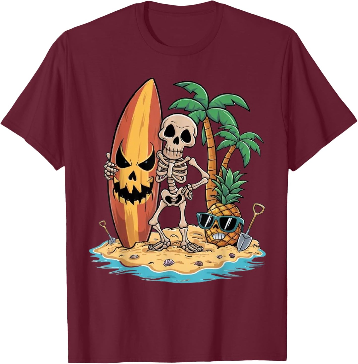Skeleton Surfing Halloween Hawaii Men Women Surfer T-Shirt - T-Shirt | Maroon