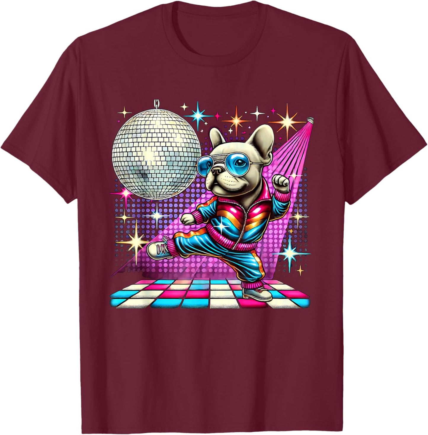 Aesthetic French Bulldog Disco T-Shirt - T-Shirt | Maroon
