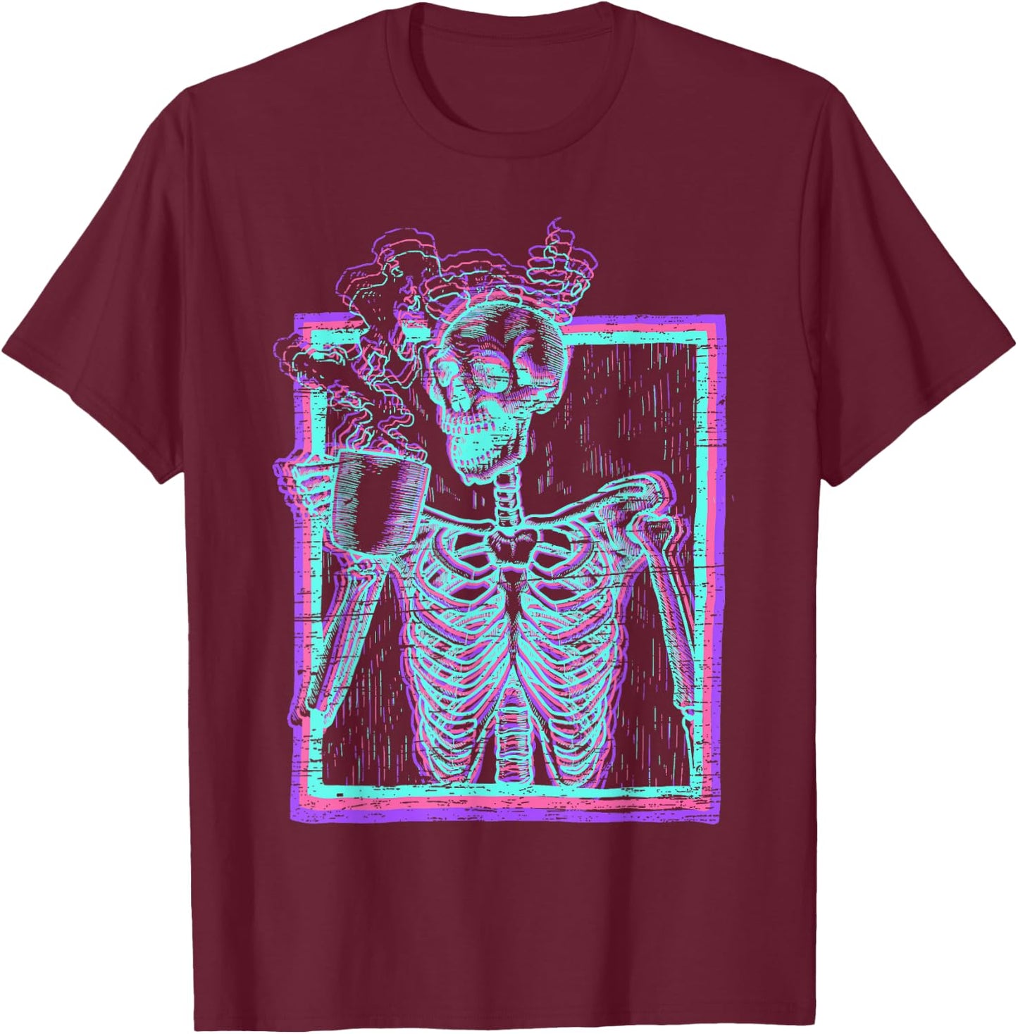 Distressed Synthwave Skeleton Vaporwave Smiling Skull Coffee T-Shirt - T-Shirt | Maroon