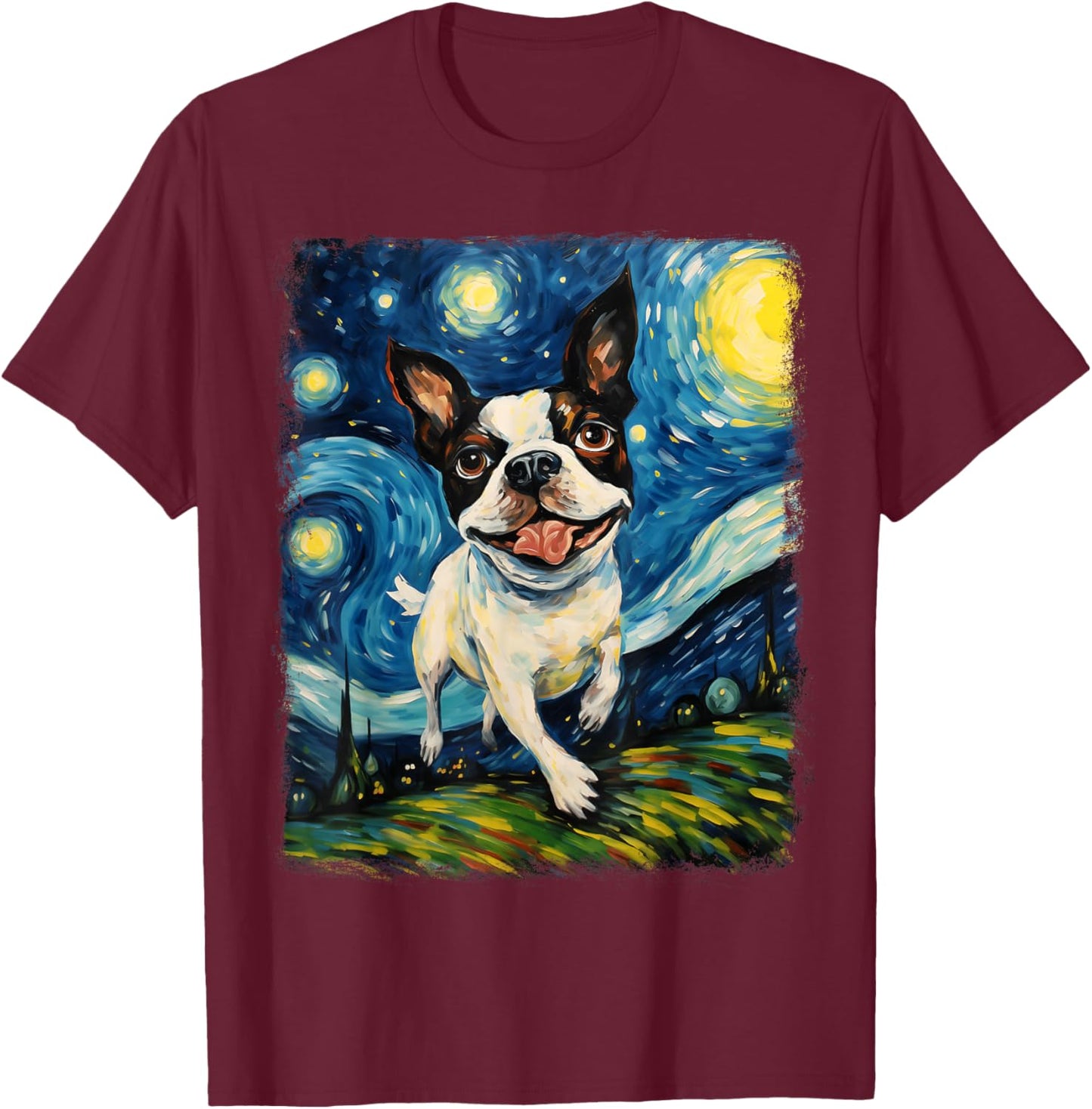 Boston Terrier Dog Starry Night Painting T-Shirt - T-Shirt | Maroon