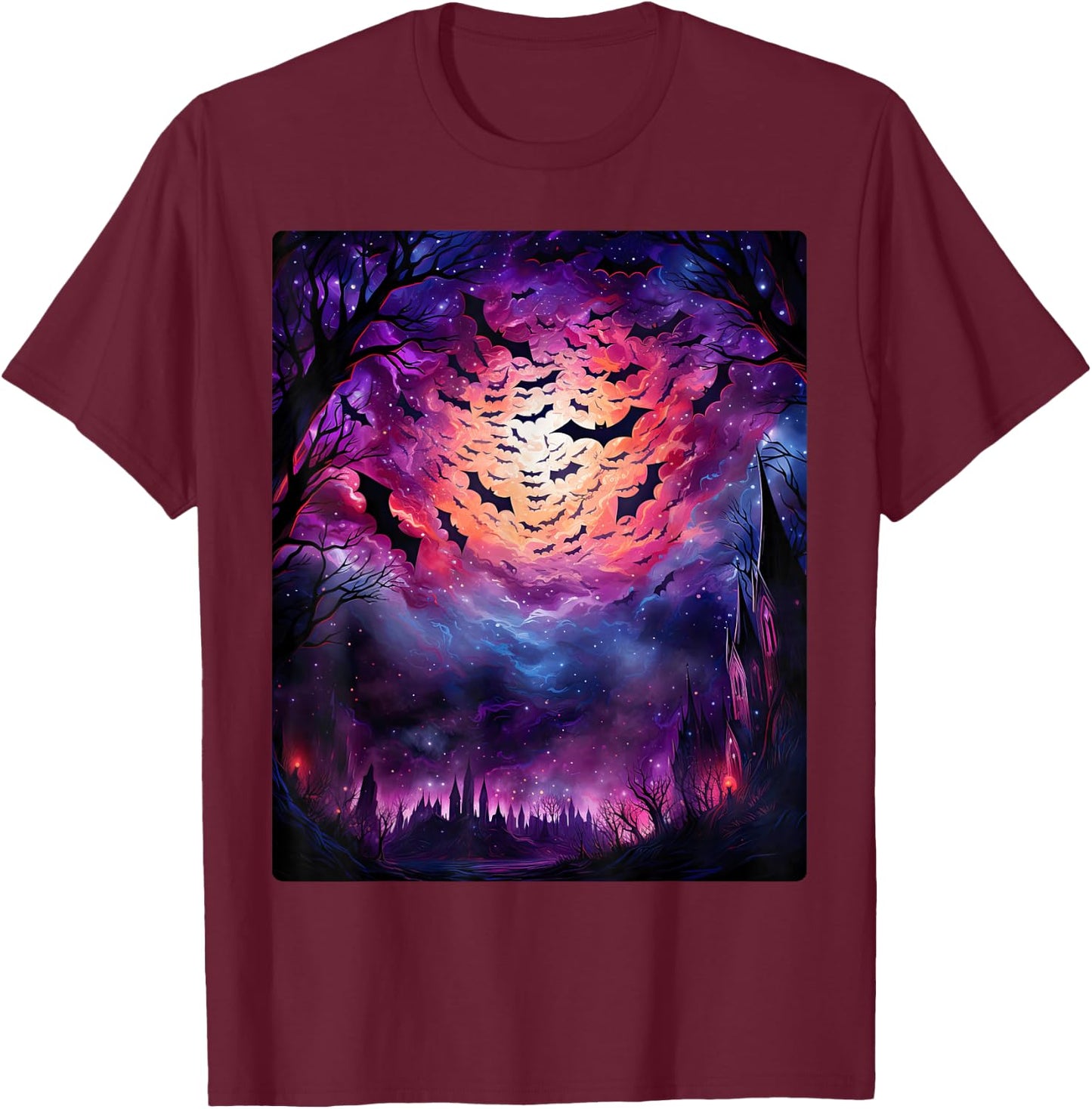 Gothic Bat Spooky Bats Pattern Moon Night T-Shirt - T-Shirt | Maroon
