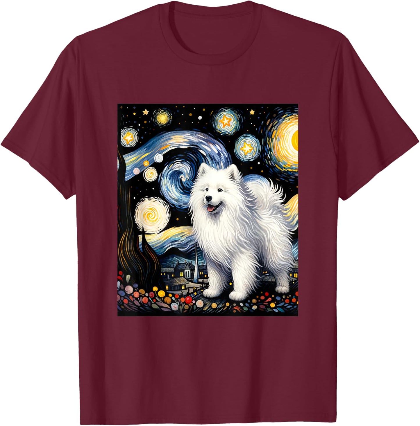 Samoyed Dog Van Gogh Starry Night Painting T-Shirt - T-Shirt | Maroon