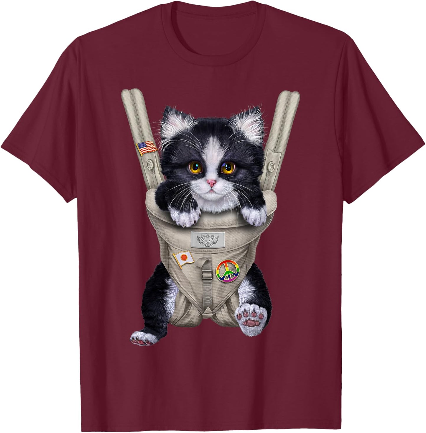 Tuxedo Cat in Baby Carrier T-Shirt - T-Shirt | Maroon