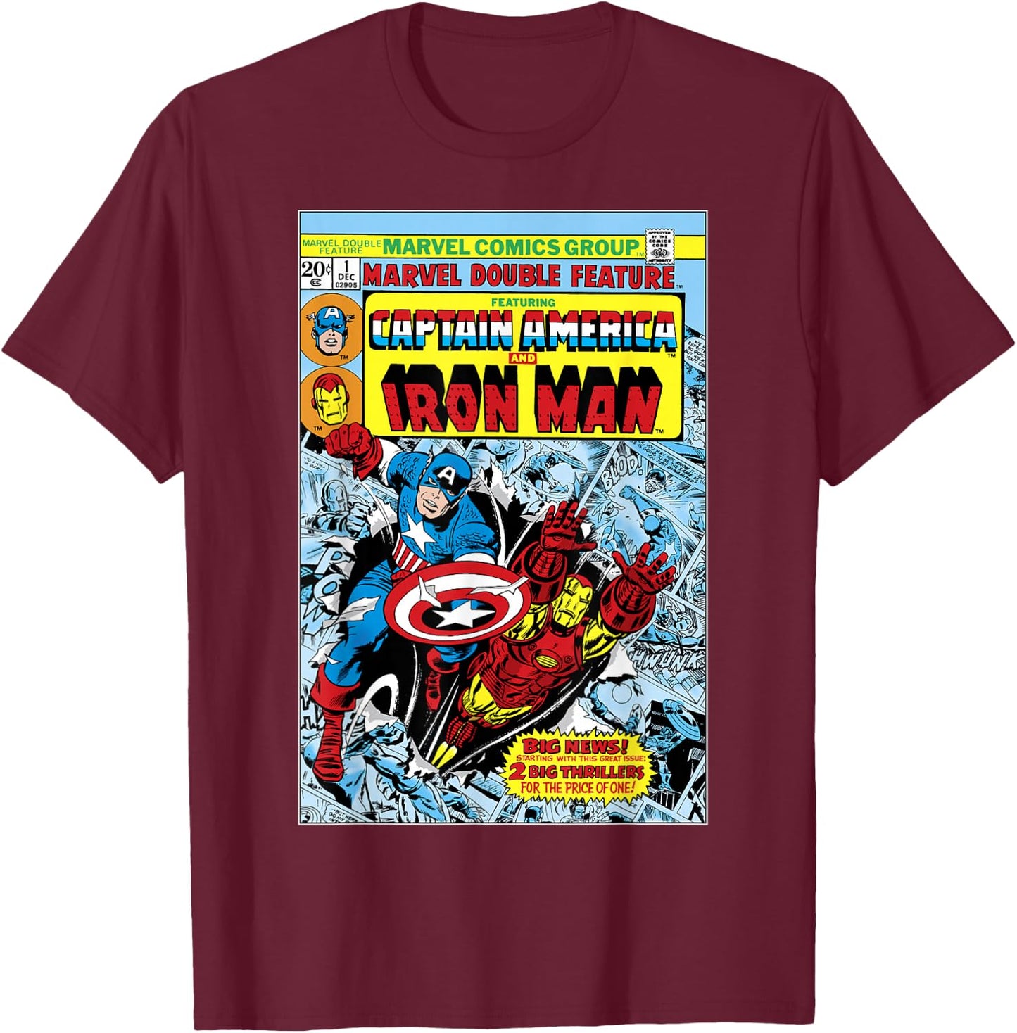 Marvel Double Feature Captain America & Iron Man Comic Cover T-Shirt - T-Shirt | Maroon