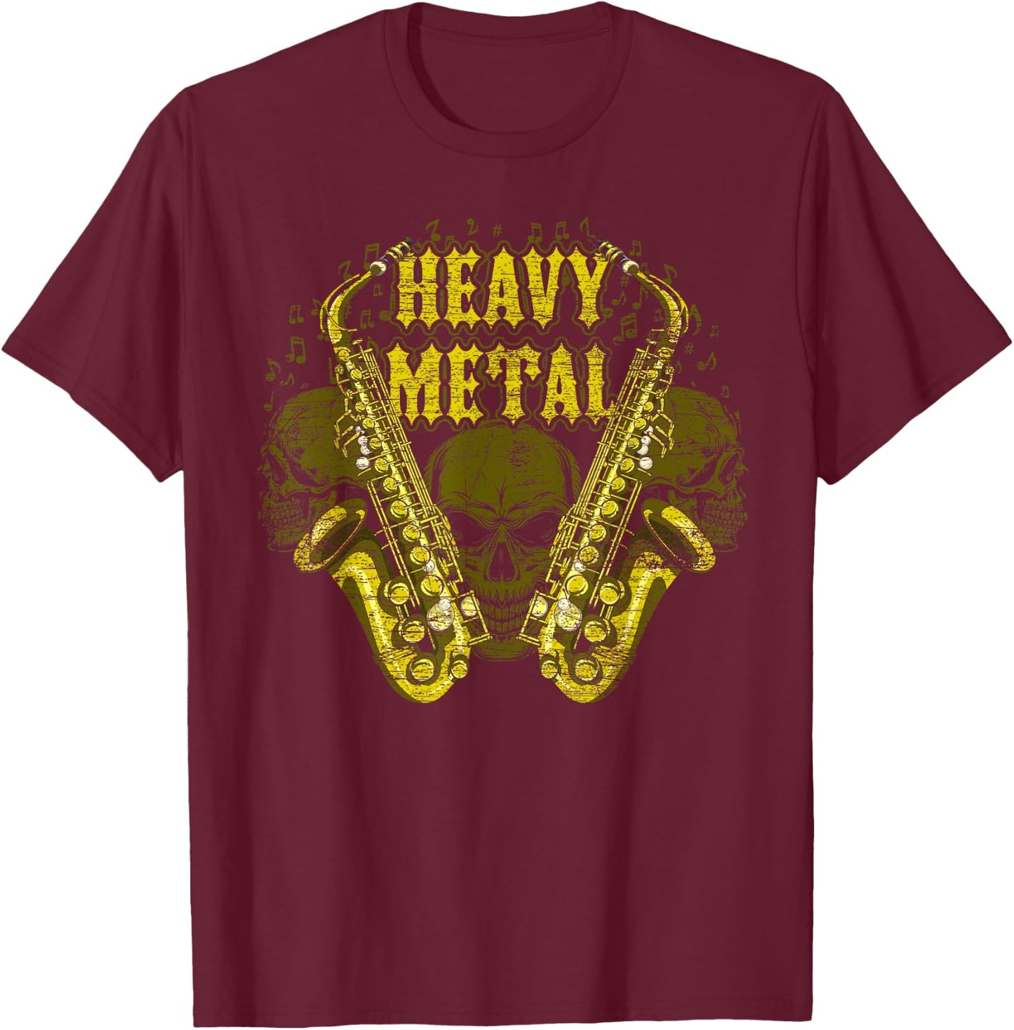 Heavy Metal Skull Scary Sax Player Saxophone T-Shirt - T-Shirt | Maroon