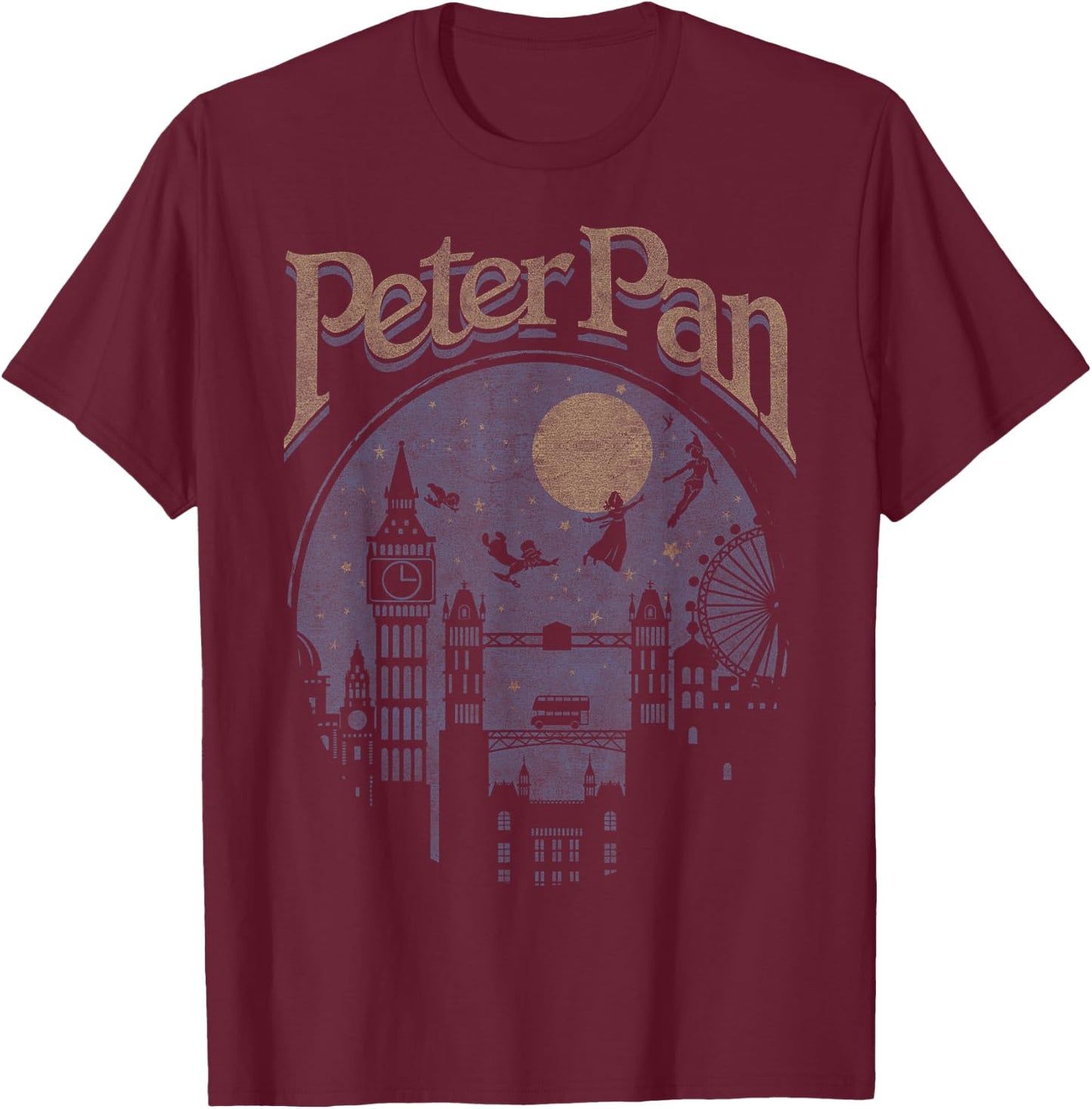 Disney Peter Pan Group Shot London Night Silhouette T-Shirt - T-Shirt | Maroon