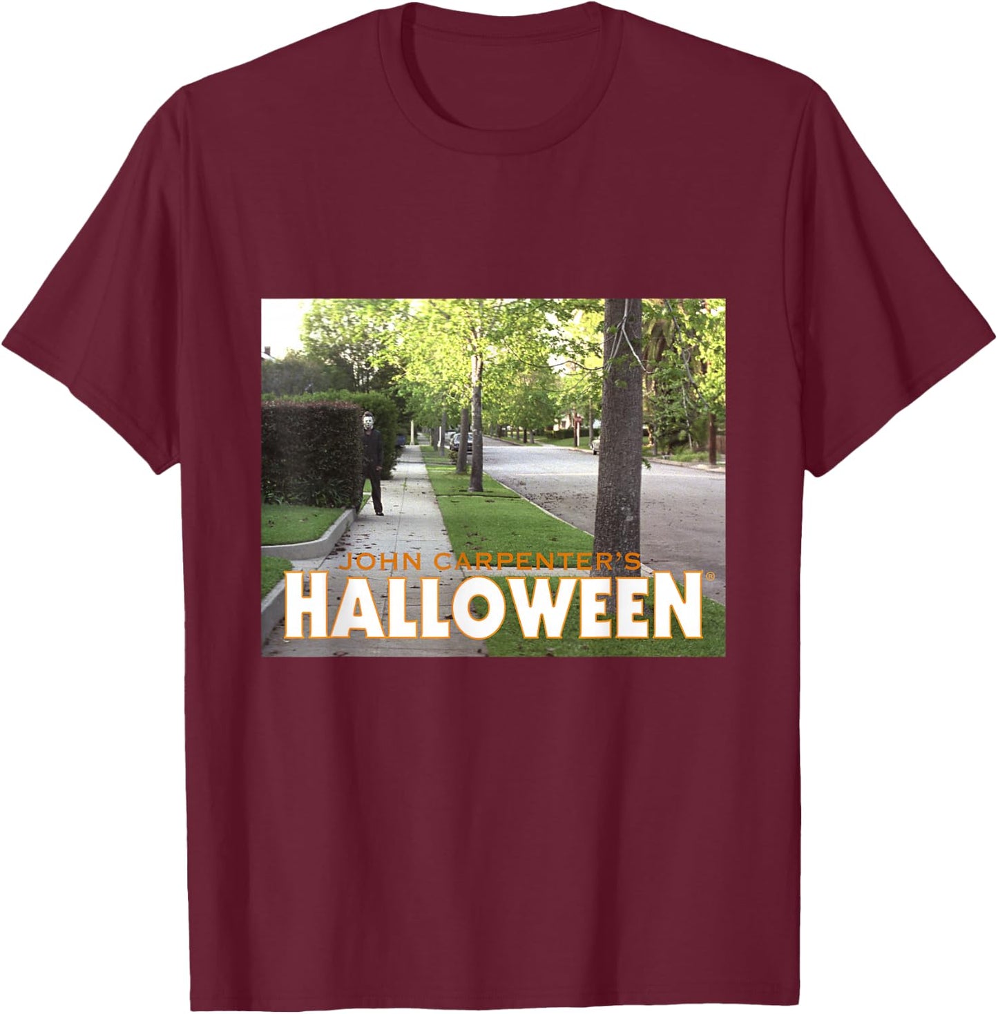 Halloween Michael Myers Behind Bush T-Shirt - T-Shirt | Maroon