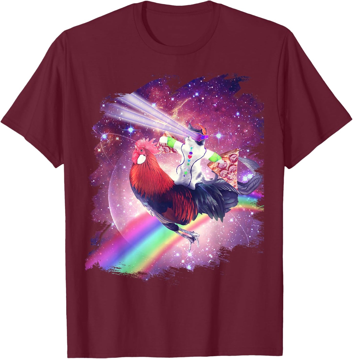 Lazer Rave Space Cat Riding Chicken With Pizza T-Shirt - T-Shirt | Maroon
