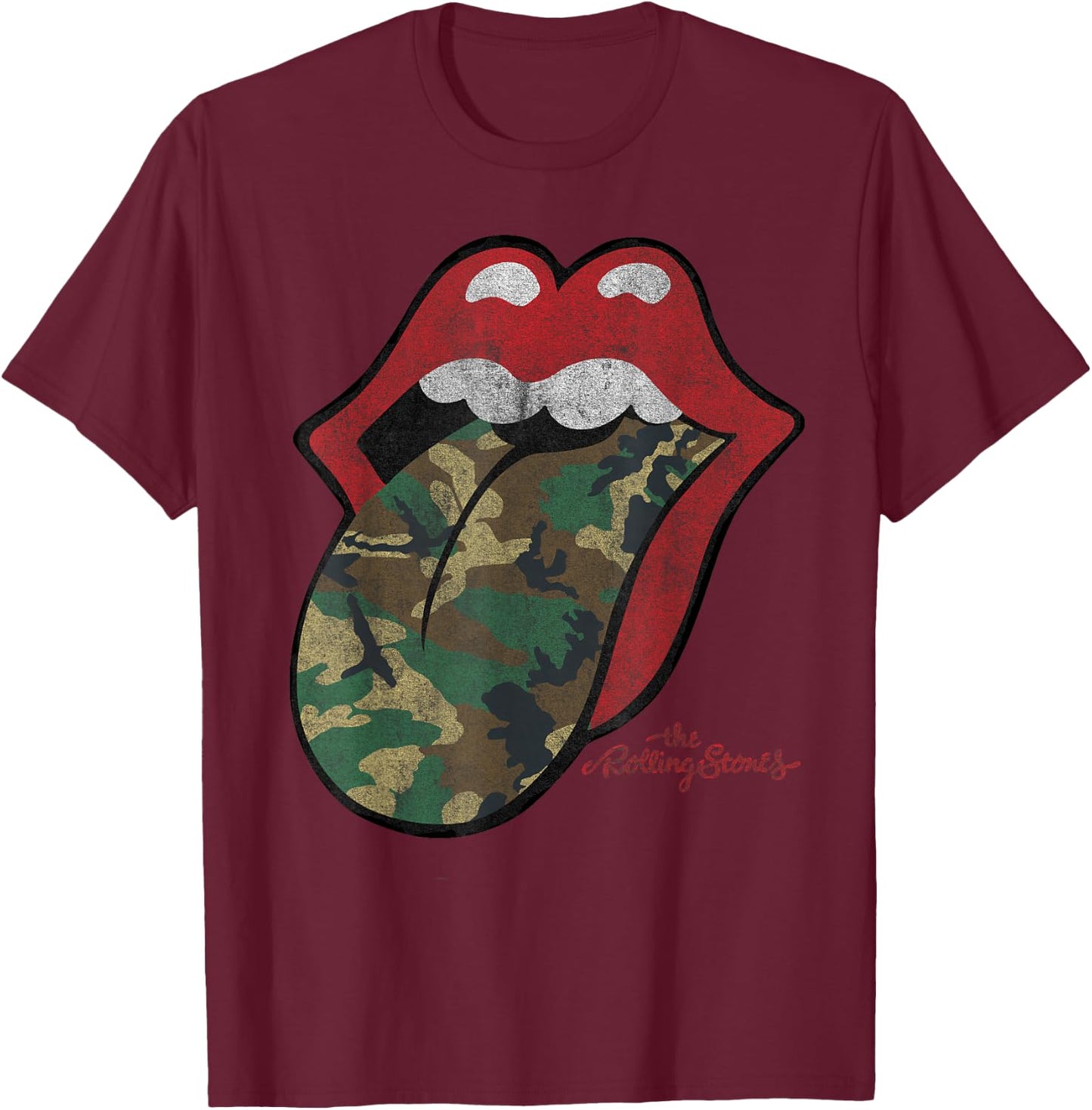 Official Rolling Stones Distressed Camo Tongue T-Shirt - T-Shirt | Maroon