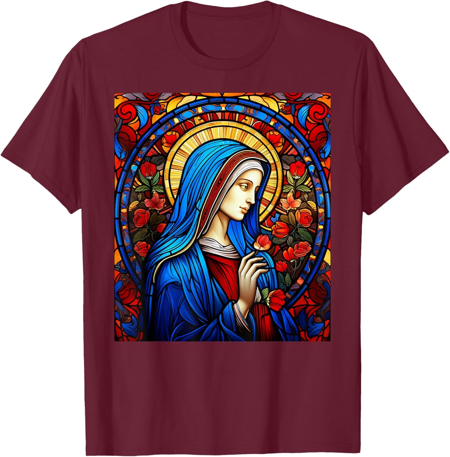 Blessed Virgin Mary Stained Glass T-Shirt - T-Shirt | Maroon