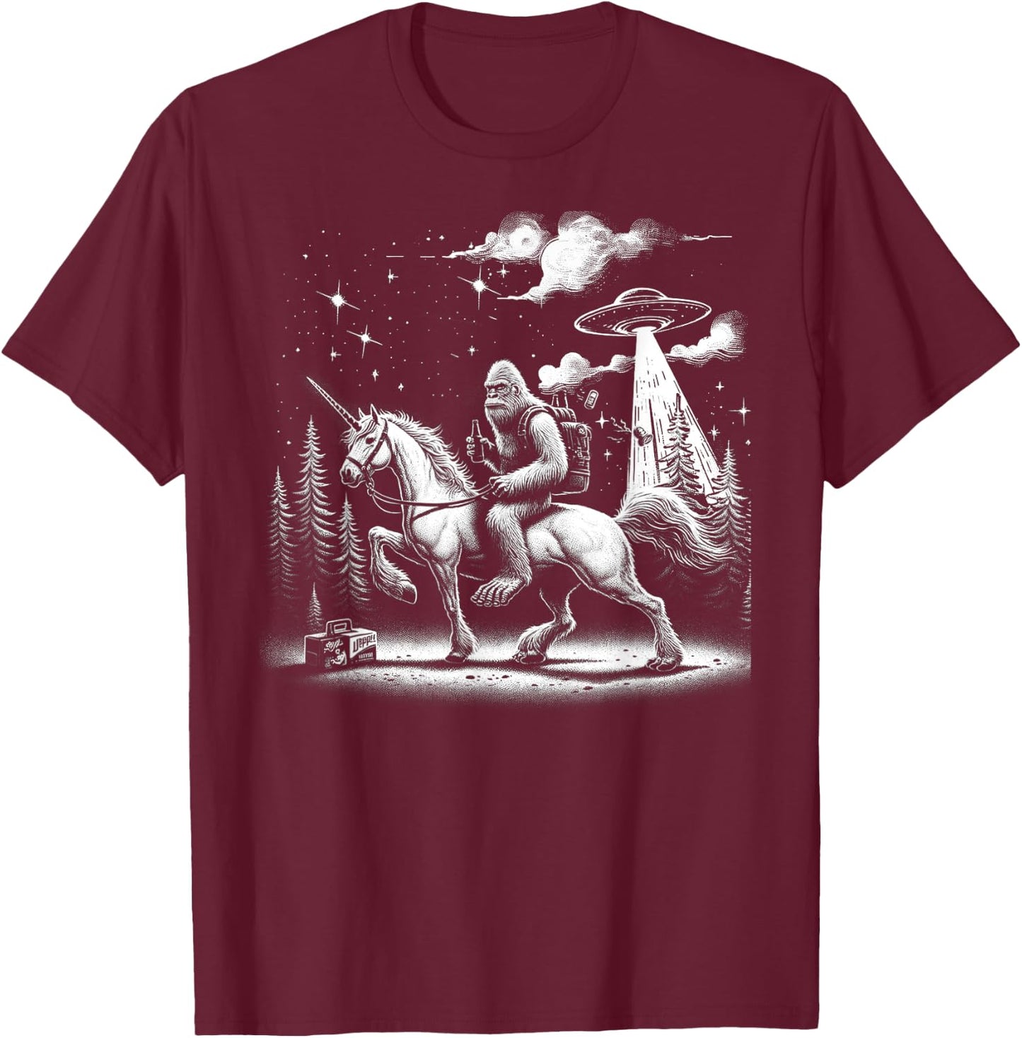 Bigfoot Riding a Unicorn, Full Moon and a UFO Alien T-Shirt - T-Shirt | Maroon