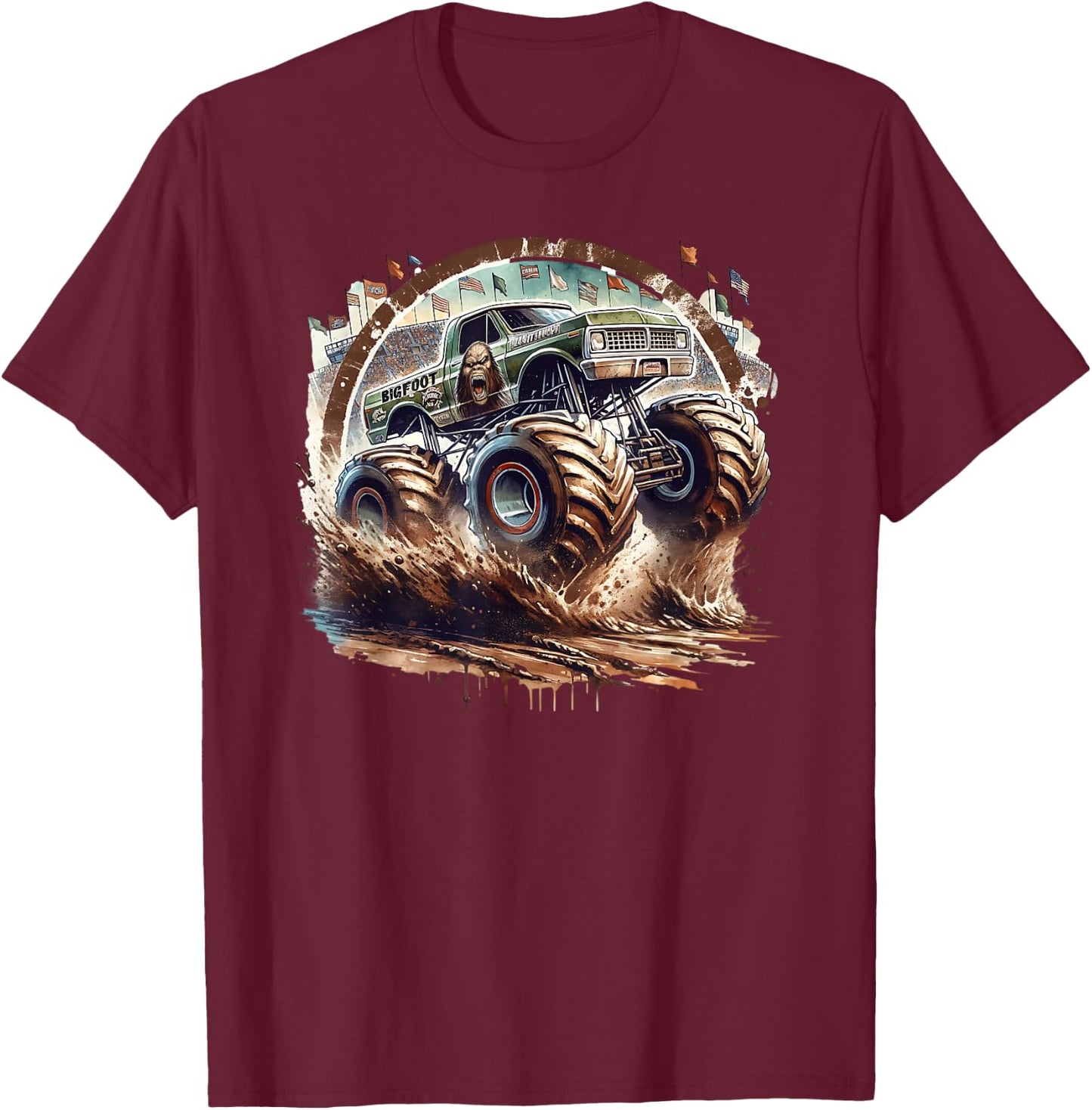 Bigfoot Cryptid Monster Truck Smash Squatch Jam T-Shirt - T-Shirt | Maroon
