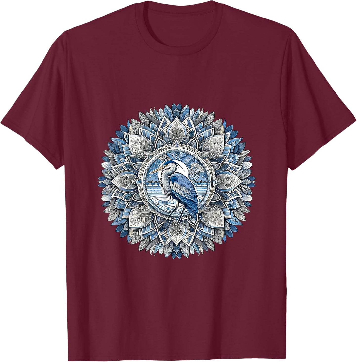 Great Blue Heron Mandala - Bird Lovers Design T-Shirt - T-Shirt | Maroon