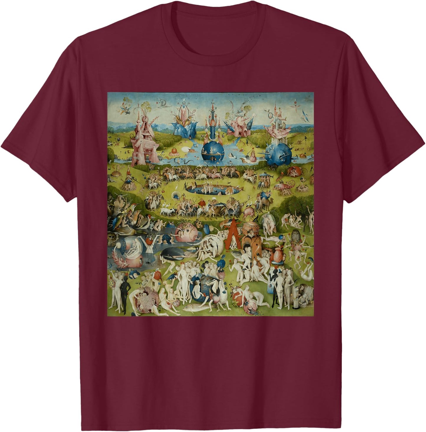 The Garden of Earthly Delights Famous Painting By Bosch T-Shirt - T-Shirt | Maroon