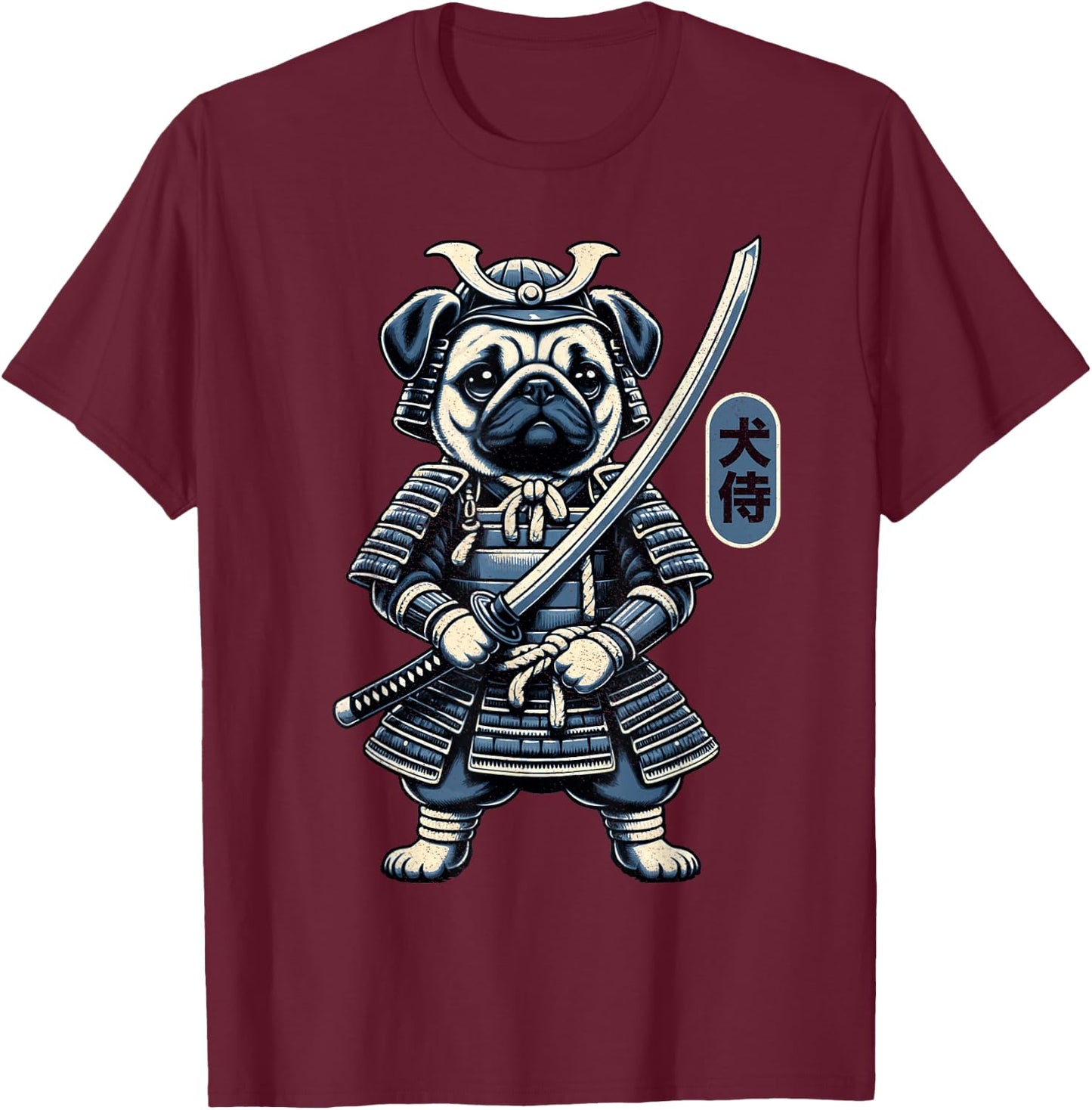 Japanese Samurai Dog Tattoo, Pug Dog Kawaii Ninja Men Women Girls Kids T-Shirt - T-Shirt | Maroon
