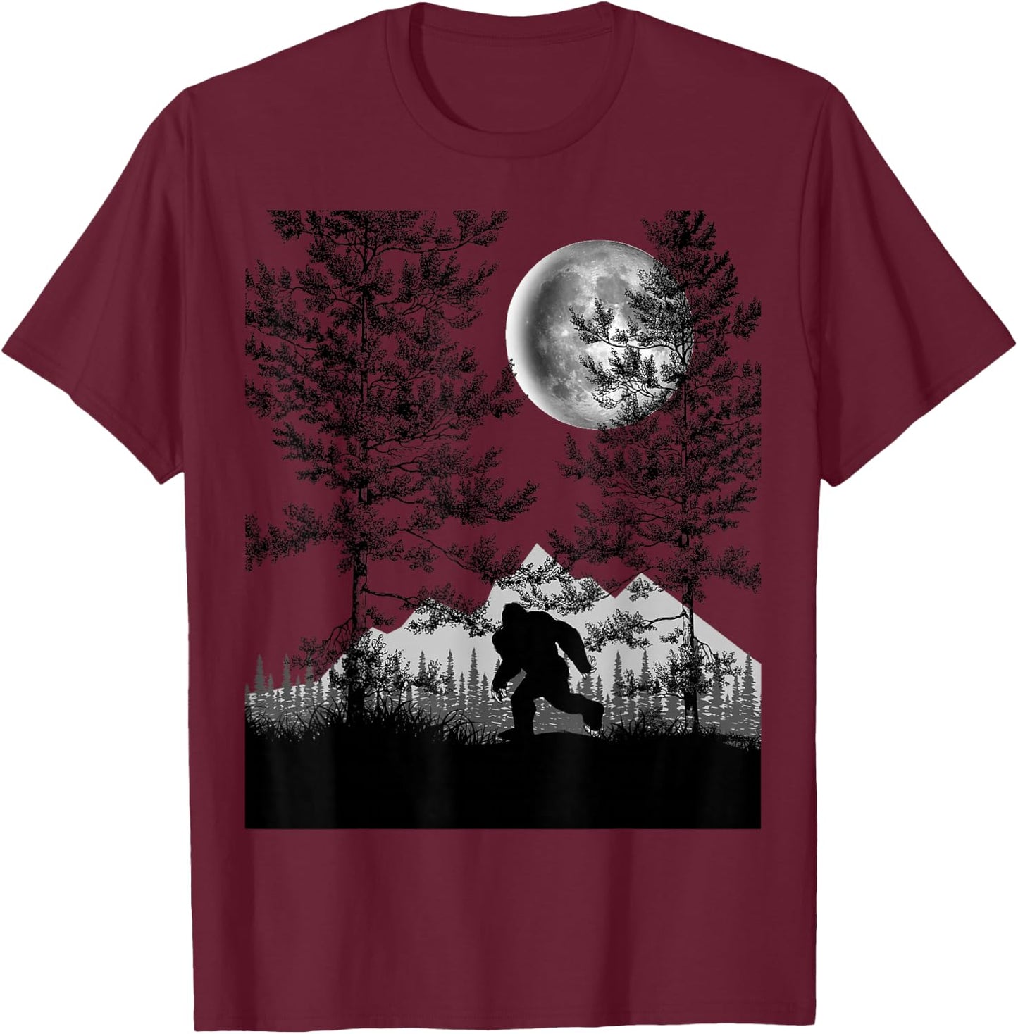 Bigfoot Walking in the Forest Moon Night Sky Sasquatch T-Shirt - T-Shirt | Maroon
