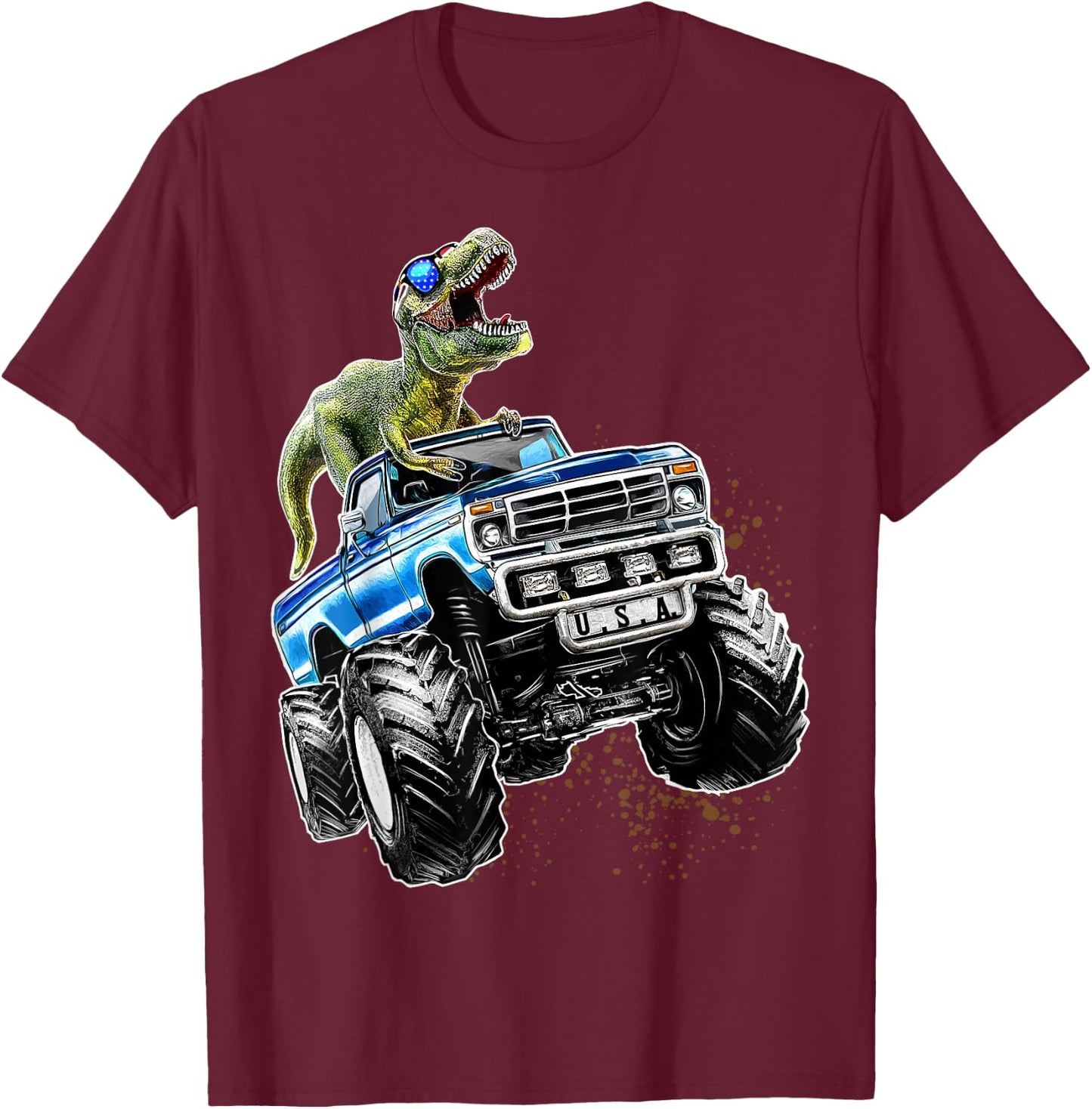 T Rex Dinosaur Monster Truck Patriotic Birthday Gift Boys T-Shirt - T-Shirt | Maroon