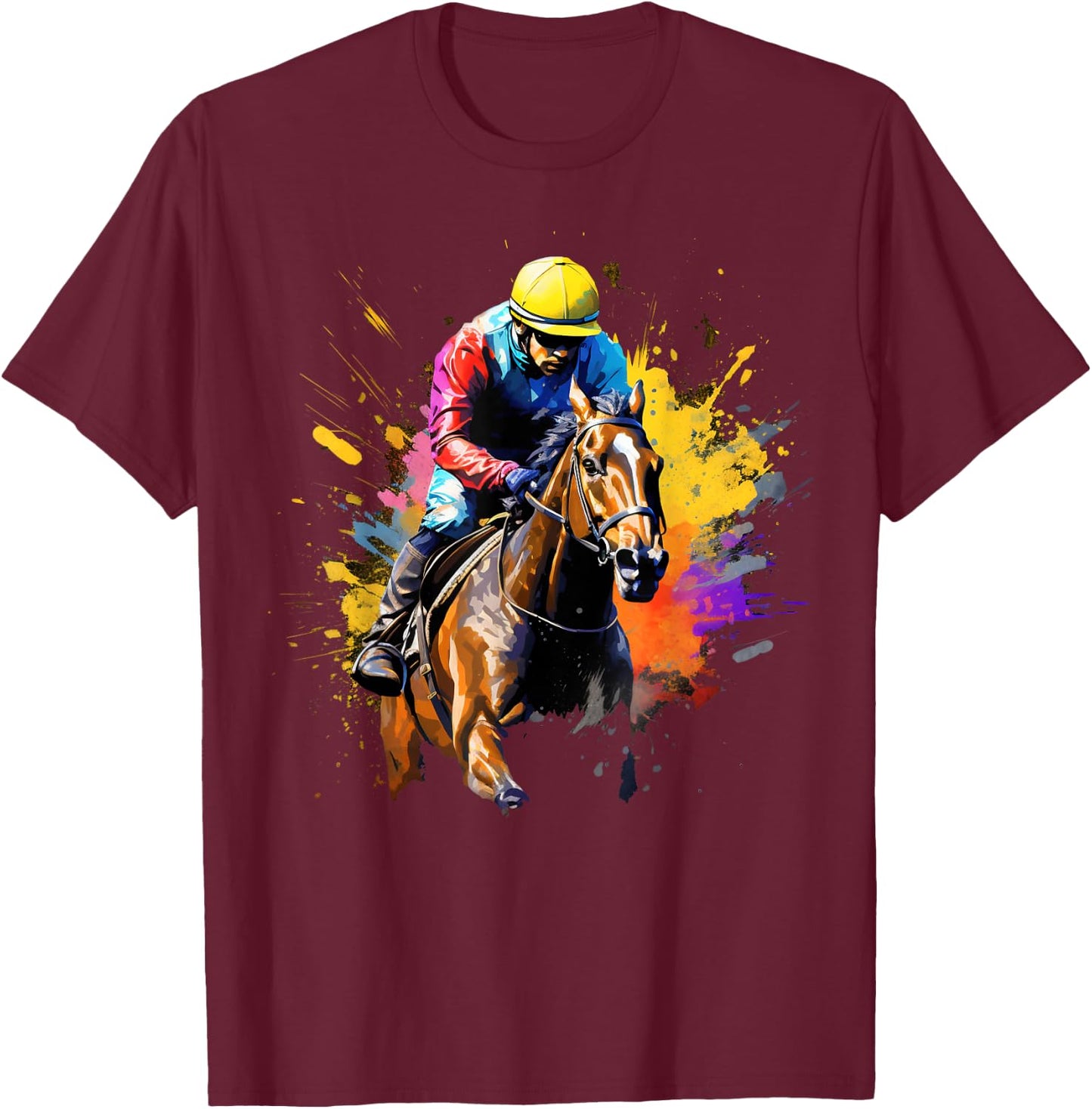 Colorful Jockey Boy on Horse Racing T-Shirt - T-Shirt | Maroon