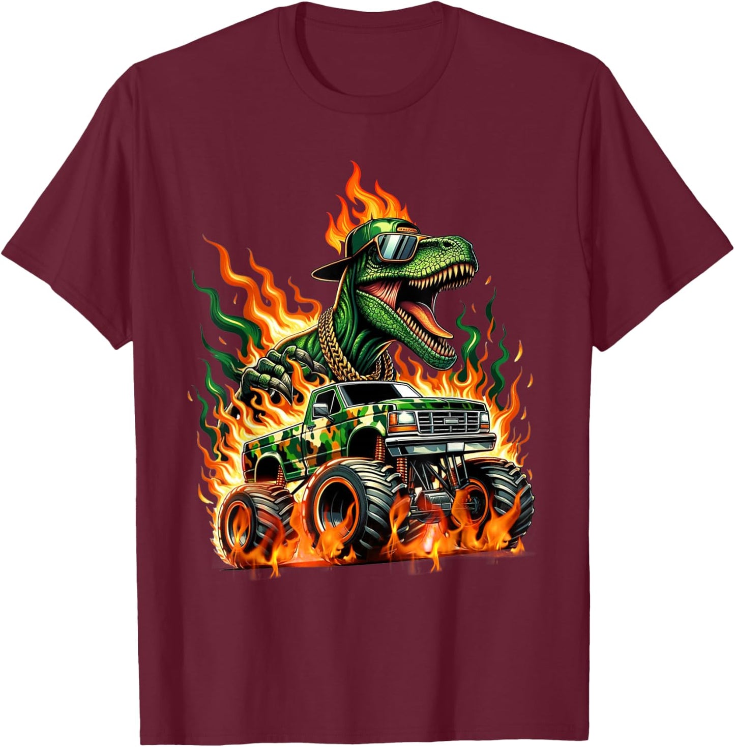 Velociraptor Dinosaur Monster Truck Kids Truck Design Dino T-Shirt - T-Shirt | Maroon