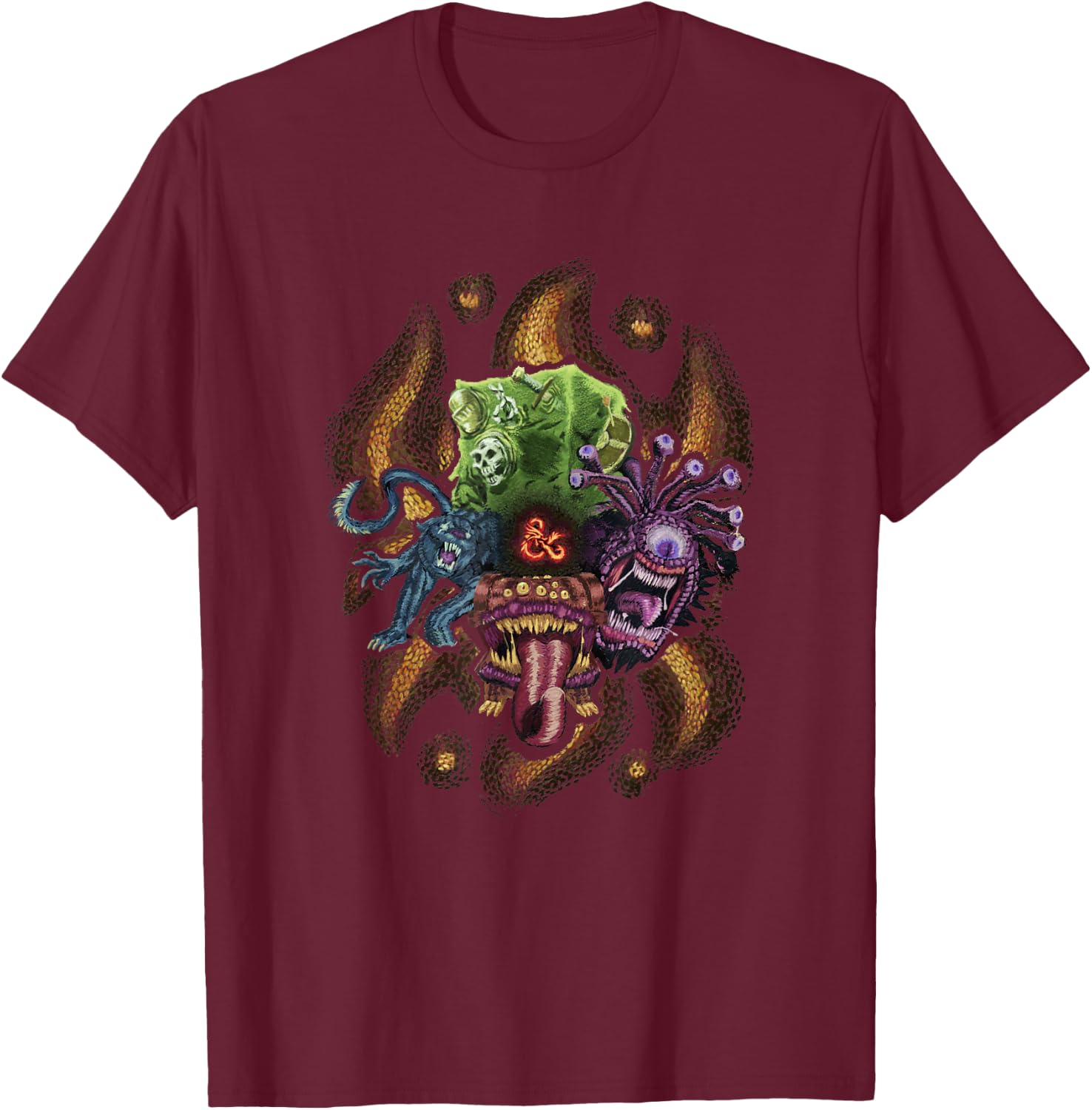 Dungeons & Dragons Vintage Beholder, Mimic, Displacer Beast T-Shirt - T-Shirt | Maroon