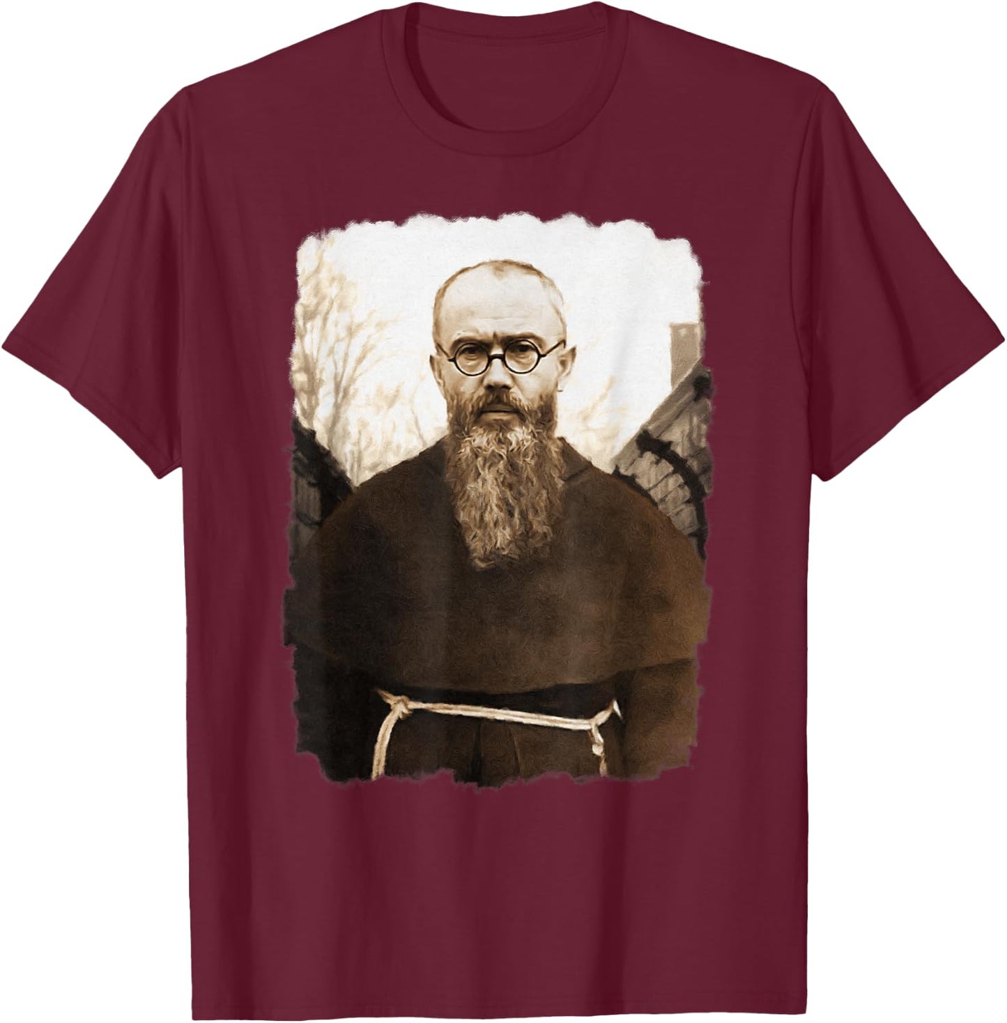 MJ Sacred Art Saint Maximilian Kolbe Catholic Icon T-Shirt - T-Shirt | Maroon