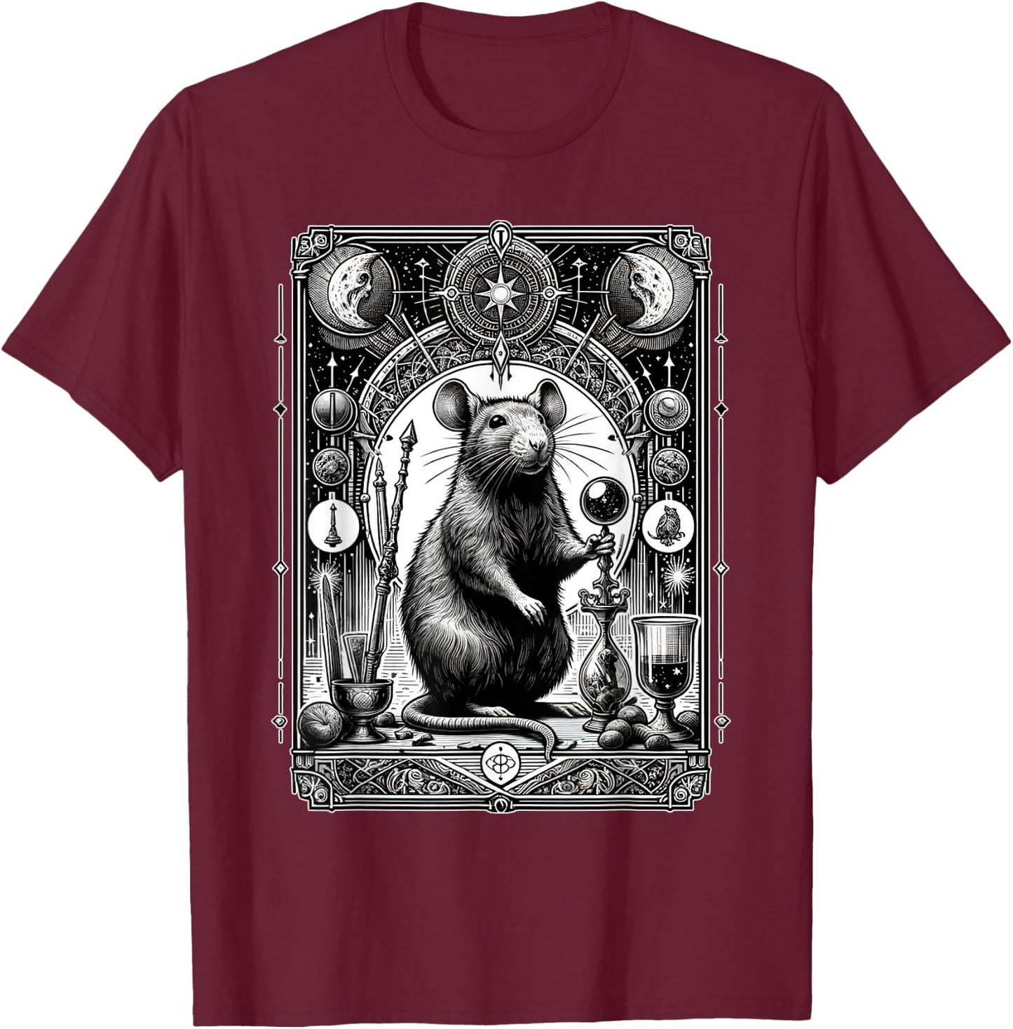 Black and White Rat Tarot Card Distressed Rats Lover Animals T-Shirt - T-Shirt | Maroon