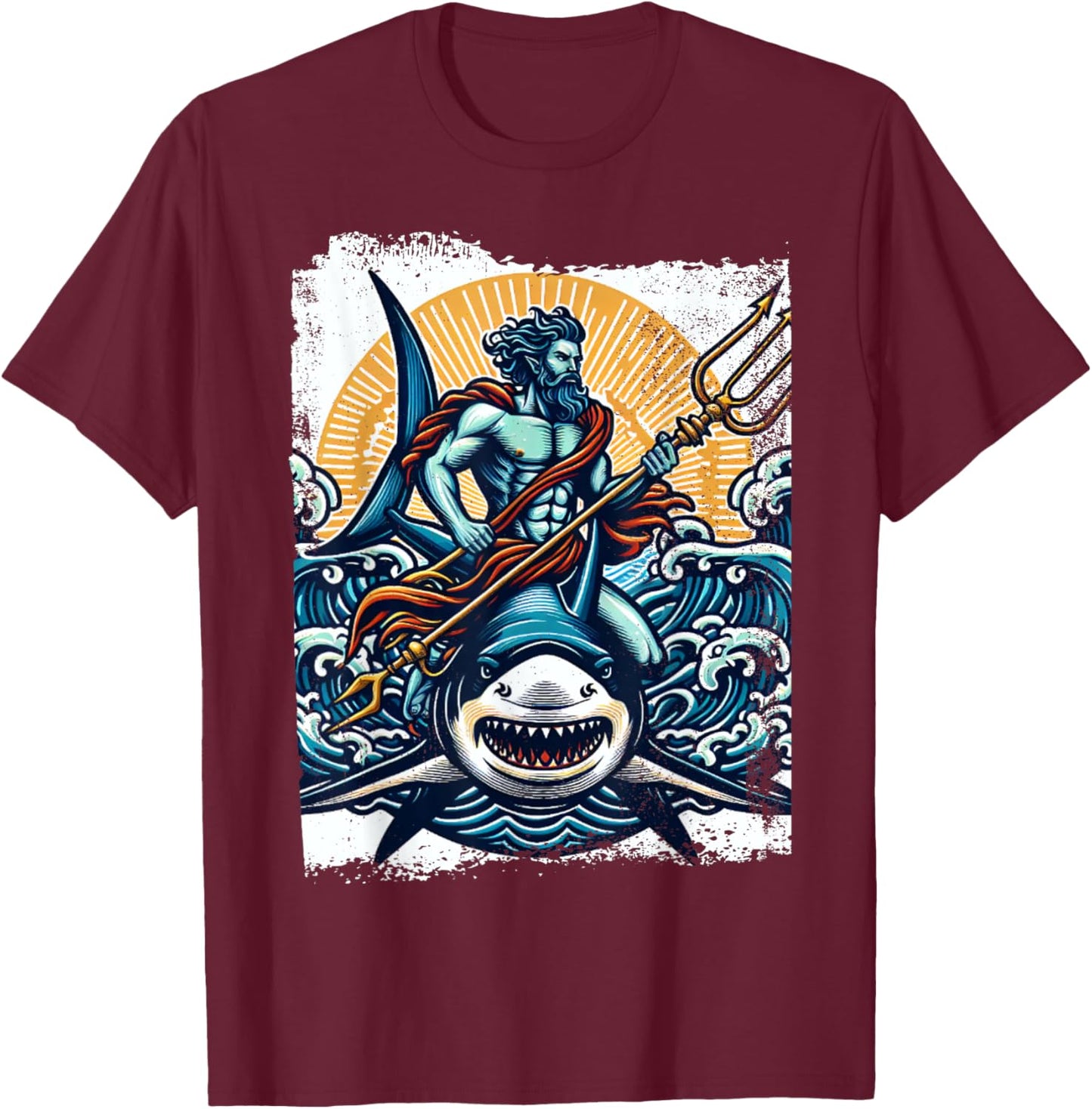 Poseidon Riding Shark Trident Costume Ancient Greek God T-Shirt - T-Shirt | Maroon