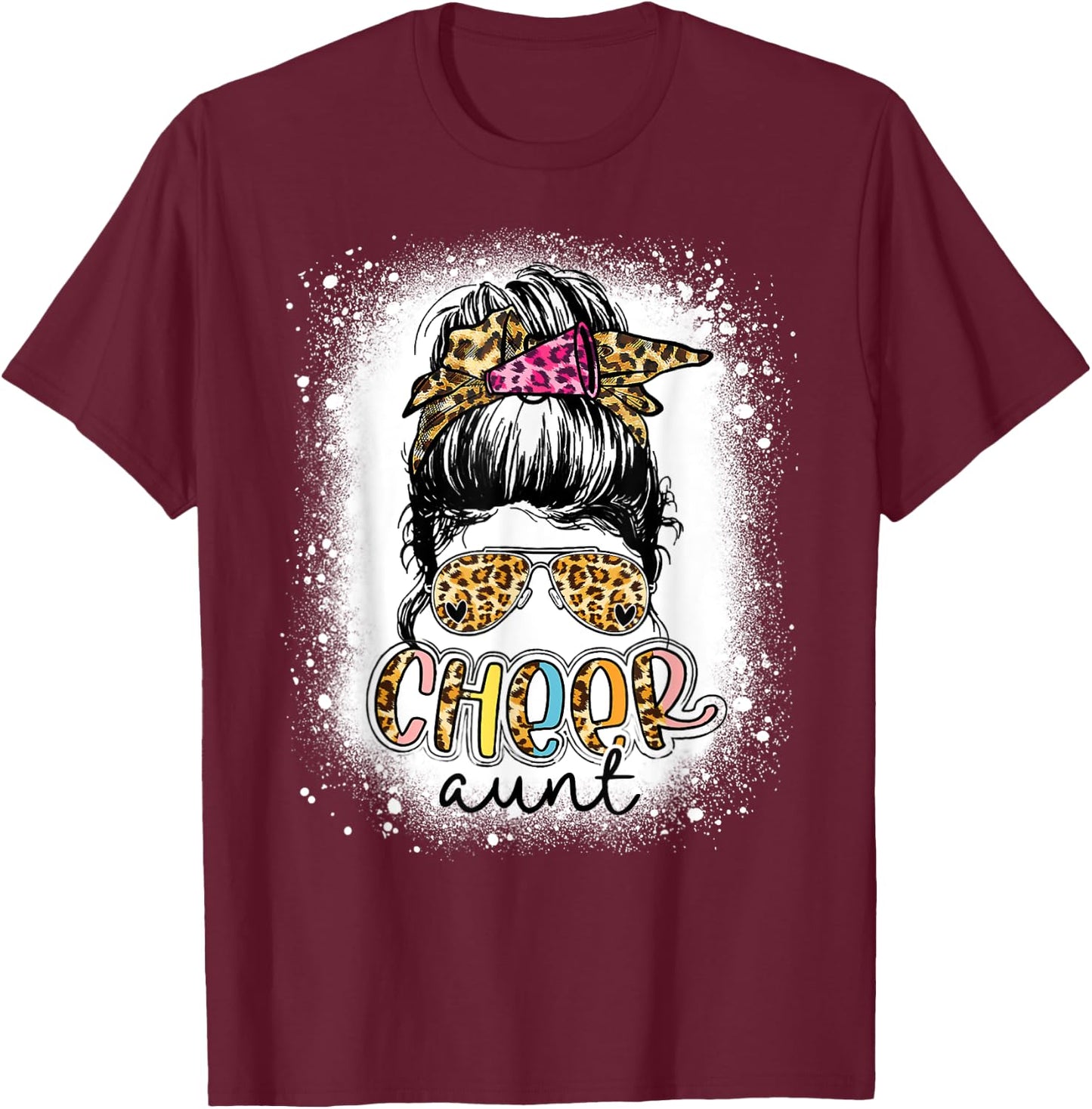 Cheer Aunt Leopard Messy Bun Cheerleader Mothers Day Funny T-Shirt - T-Shirt | Maroon