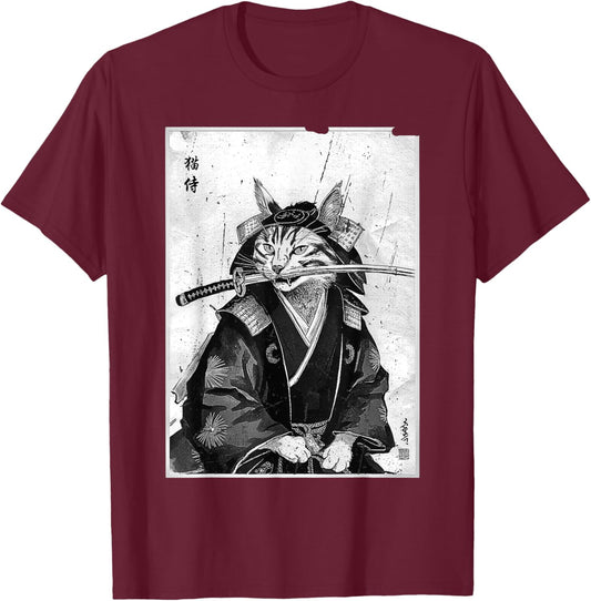 Vintage Japanese Cat Design T-Shirt - T-Shirt | Maroon