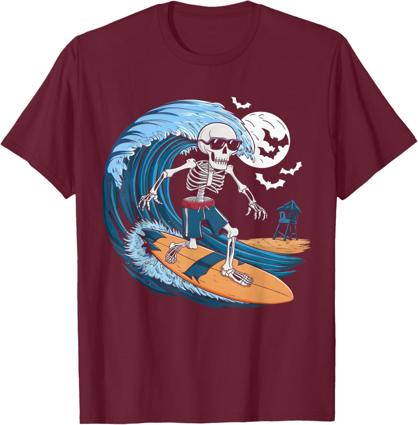 Halloween Surfing Skeleton Shirt Surfer Hawaiian Surf Hawaii T-Shirt - T-Shirt | Maroon