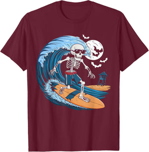 Halloween Surfing Skeleton Shirt Surfer Hawaiian Surf Hawaii T-Shirt - T-Shirt | Maroon