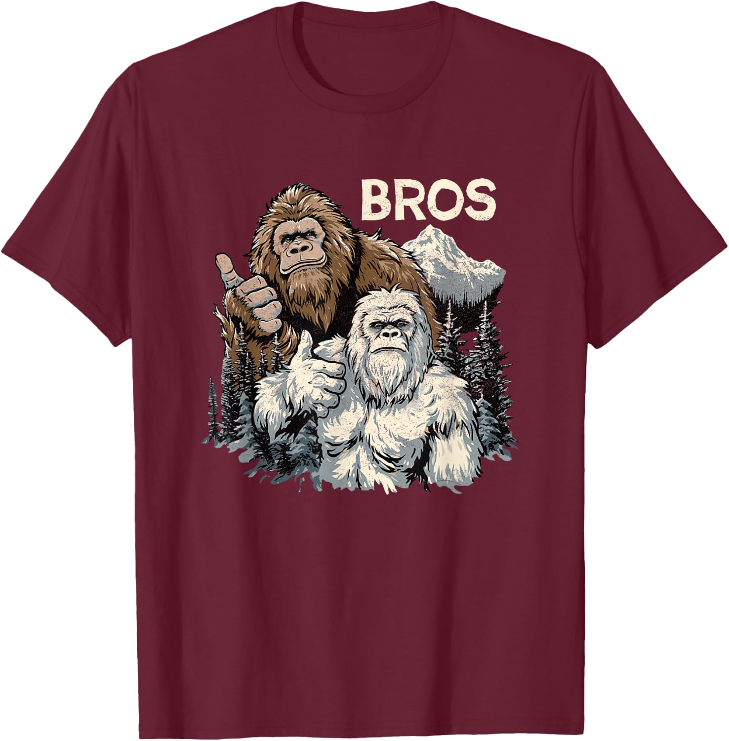 Funny Bros Bigfoot and Yeti Brothers Sasquatch Awesome Cool T-Shirt - T-Shirt | Maroon