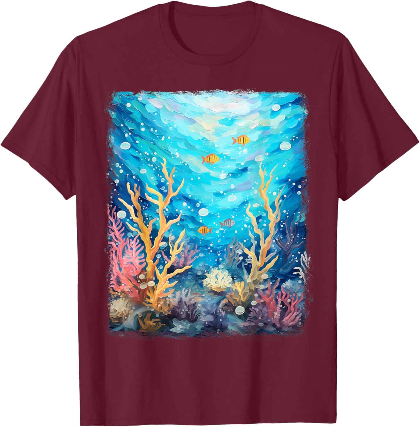 Coral Reef Sea Ocean Starry Night Painting T-Shirt - T-Shirt | Maroon