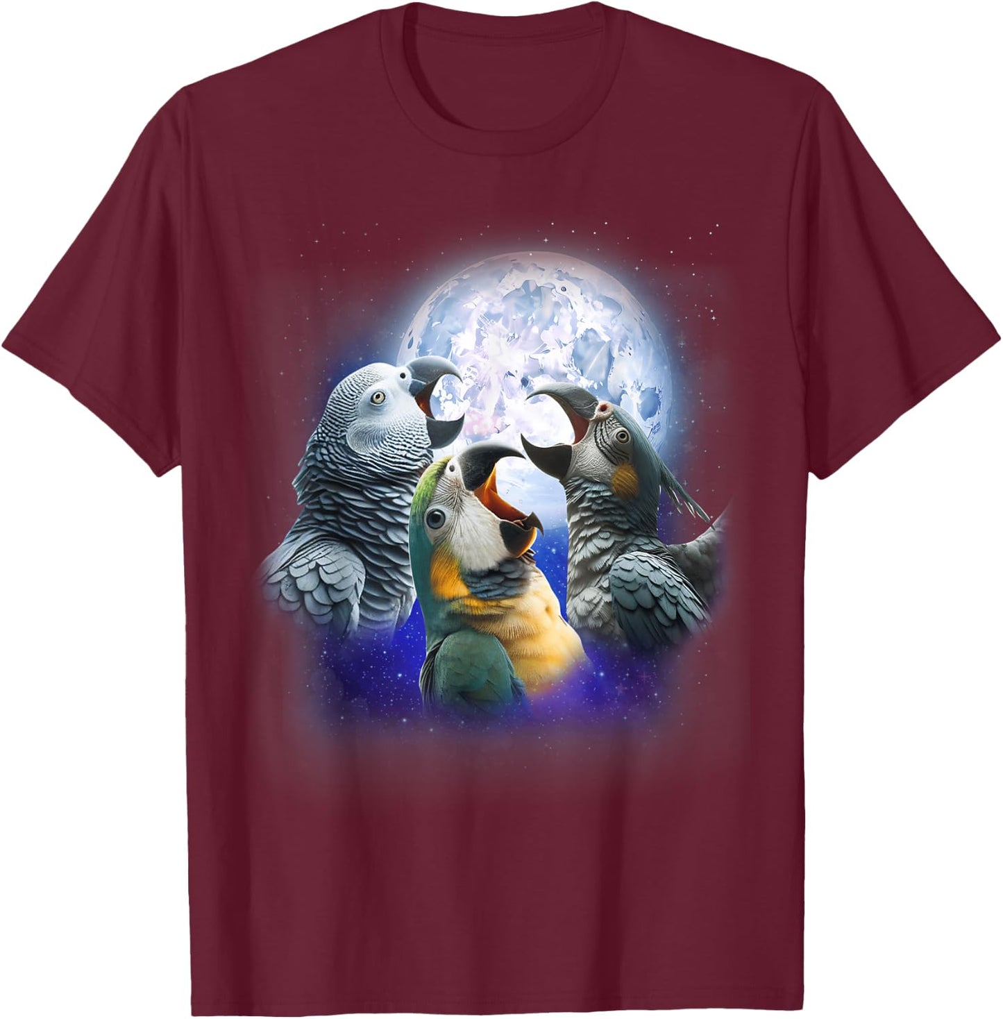 3 Parrots Howling At The Moon Funny African Grey Parrot Bird T-Shirt - T-Shirt | Maroon