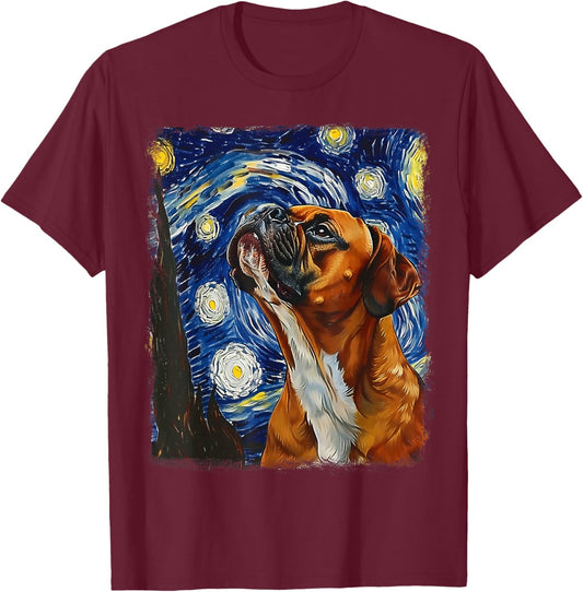 Boxer Dog Starry Night Painting T-Shirt - T-Shirt | Maroon