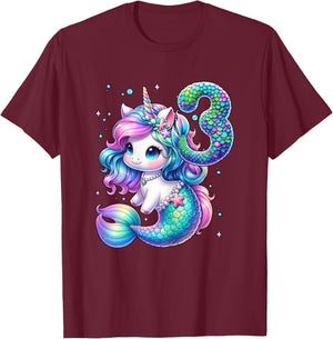 Unicorn Mermaid 3rd Birthday 3 Year Old Party Girls Outfit T-Shirt - T-Shirt | Maroon