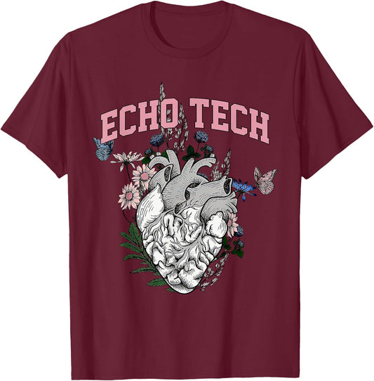 Anatomical Heart Floral Echo Tech Cardiac Sonographer T-Shirt - T-Shirt | Maroon