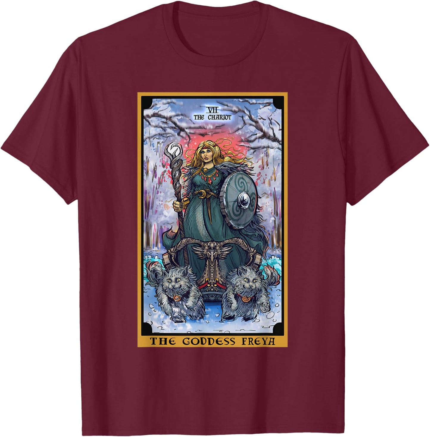The Goddess Freyja The Chariot Tarot Card Norse Pagan Witch T-Shirt - T-Shirt | Maroon