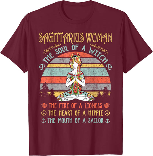 Sagittarius Woman The Soul Of A Witch Vintage Birthday T-Shirt - T-Shirt | Maroon