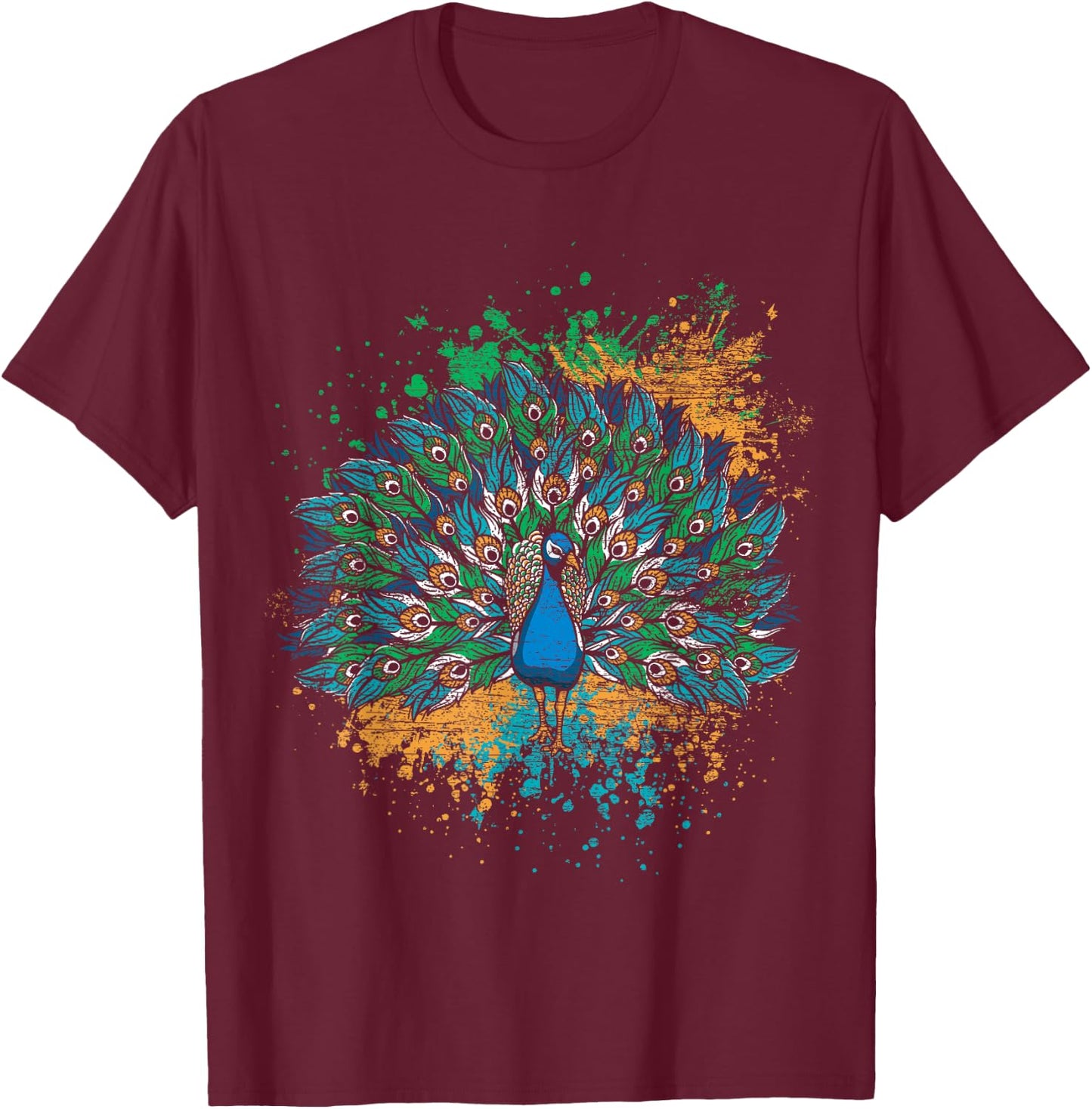 Decorative Colorful Tail Peacock T-Shirt - T-Shirt | Maroon