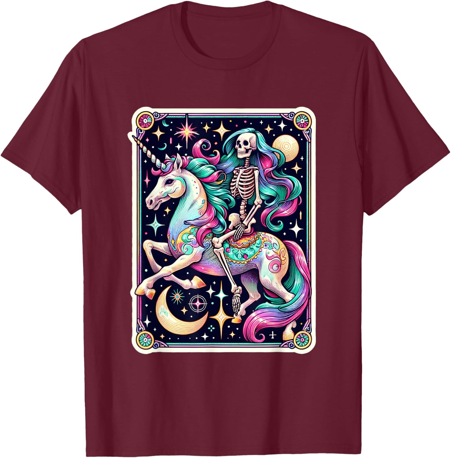 Skeleton Riding Unicorn Tarot Card Celestial Fantasy Art T-Shirt - T-Shirt | Maroon